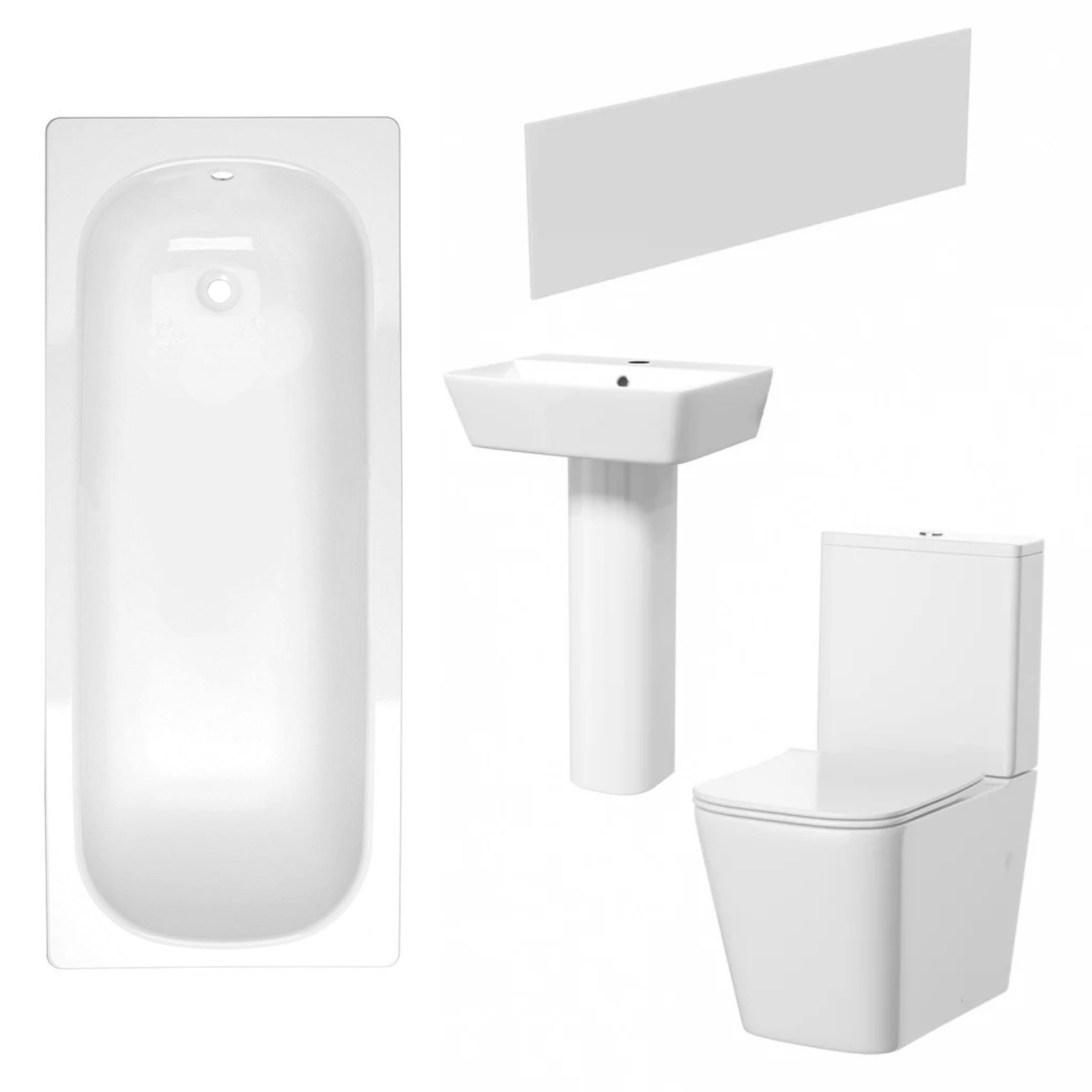 Norton Modern Square Close Coupled Toilet, 500mm Pedestal Basin & Bath Tub Suite (Front Panel Included) – Modern Bathroom Set
