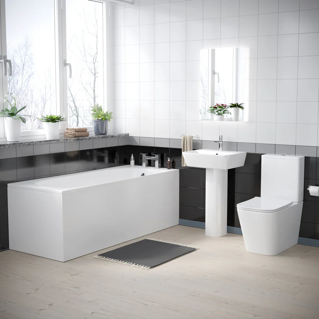 Norton Modern Square Close Coupled Toilet, 500mm Pedestal Basin & Bath Tub Suite (Front Panel Included) – Modern Bathroom Set