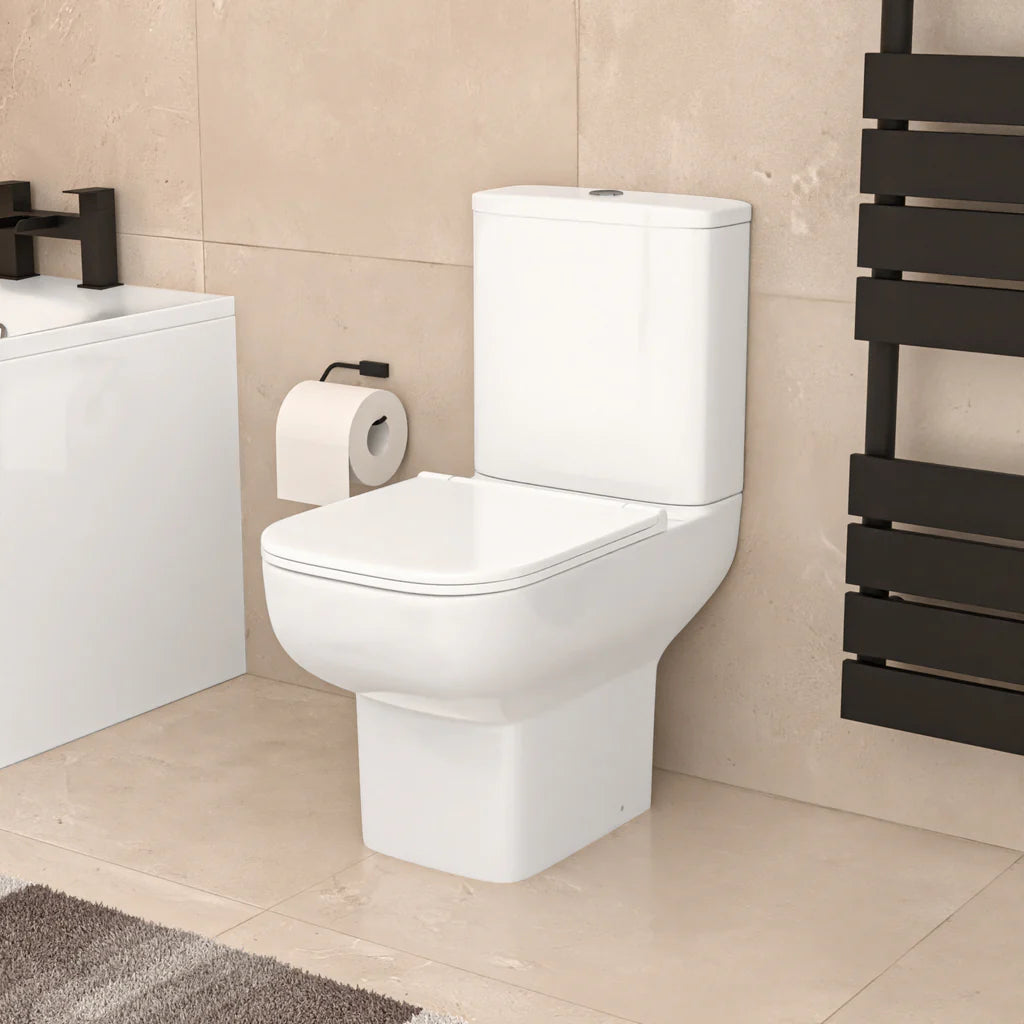 Louie Modern Square Close Coupled Toilet, 500mm Pedestal Basin & Bath Tub Suite (Front Panel Included) – Modern Bathroom Set