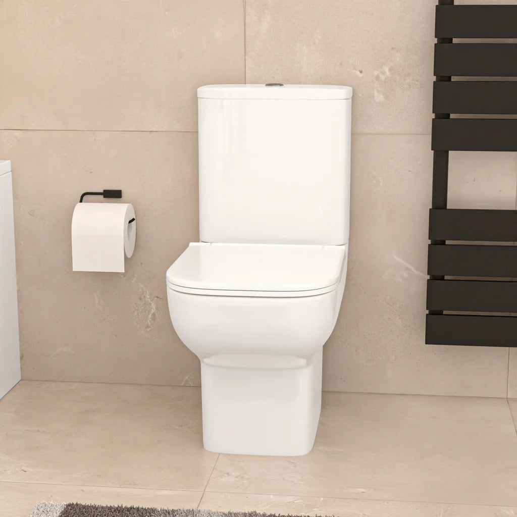Louie Modern Square Close Coupled Toilet, 500mm Pedestal Basin & Bath Tub Suite (Front Panel Included) – Modern Bathroom Set