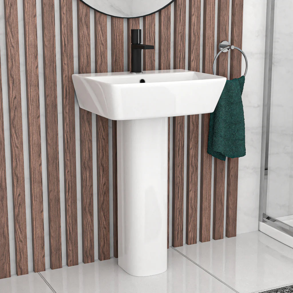 Louie Modern Square Close Coupled Toilet, 500mm Pedestal Basin & Shower Suite (800mm Shower Tray Included) – Modern Bathroom Set