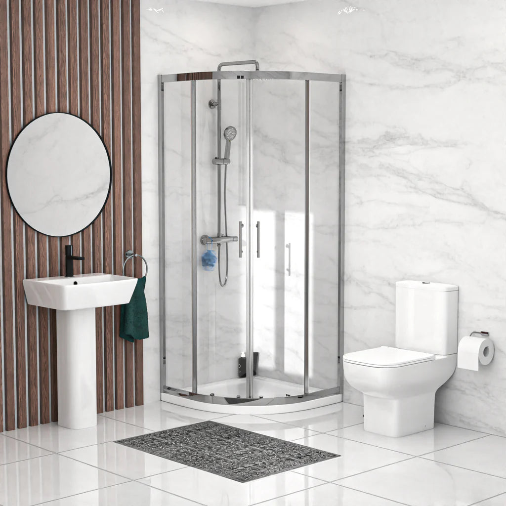 Louie Modern Square Close Coupled Toilet, 500mm Pedestal Basin & Shower Suite (800mm Shower Tray Included) – Modern Bathroom Set