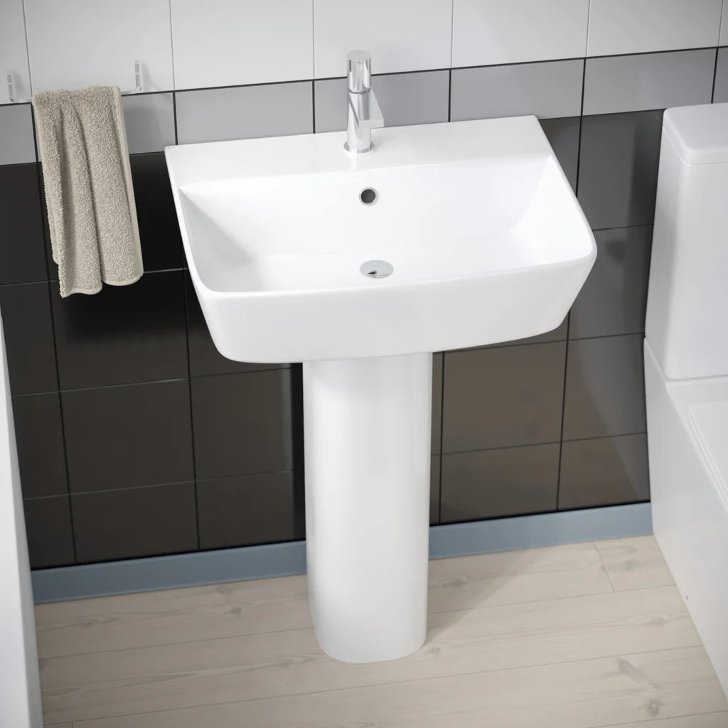 Norton Modern Square Close Coupled Toilet, 560mm Pedestal Basin & Bath Tub Suite (Front Panel Included) – Modern Bathroom Set