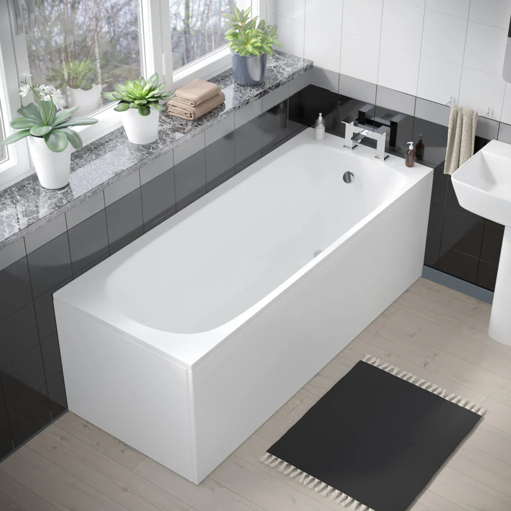 Norton Modern Square Close Coupled Toilet, 560mm Pedestal Basin & Bath Tub Suite (Front Panel Included) – Modern Bathroom Set