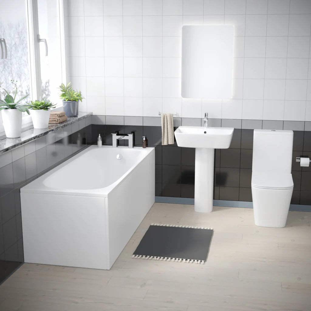 Norton Modern Square Close Coupled Toilet, 560mm Pedestal Basin & Bath Tub Suite (Front Panel Included) – Modern Bathroom Set