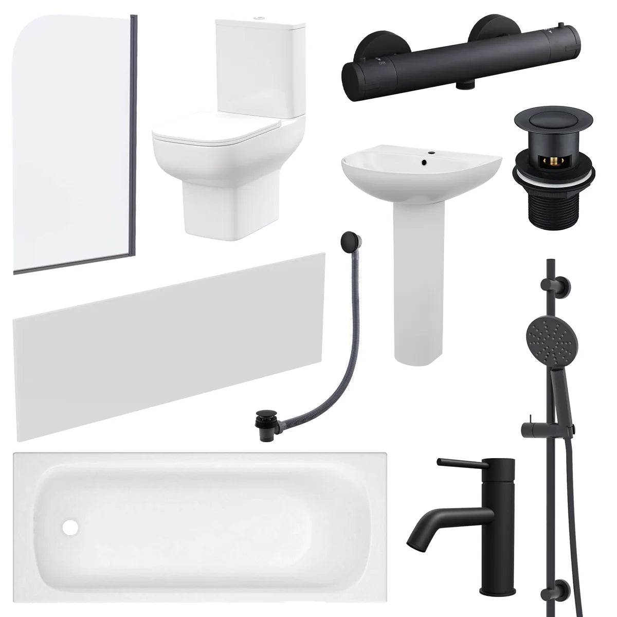 Cassis 1700mm Complete Bathroom Suite with Shower Bath & Matte Black Taps Set