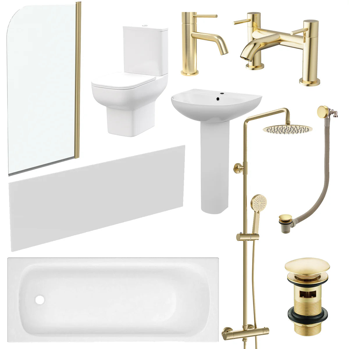 Cassis 1700mm Complete Bathroom Suite with Shower Bath & Brushed Brass Taps Set