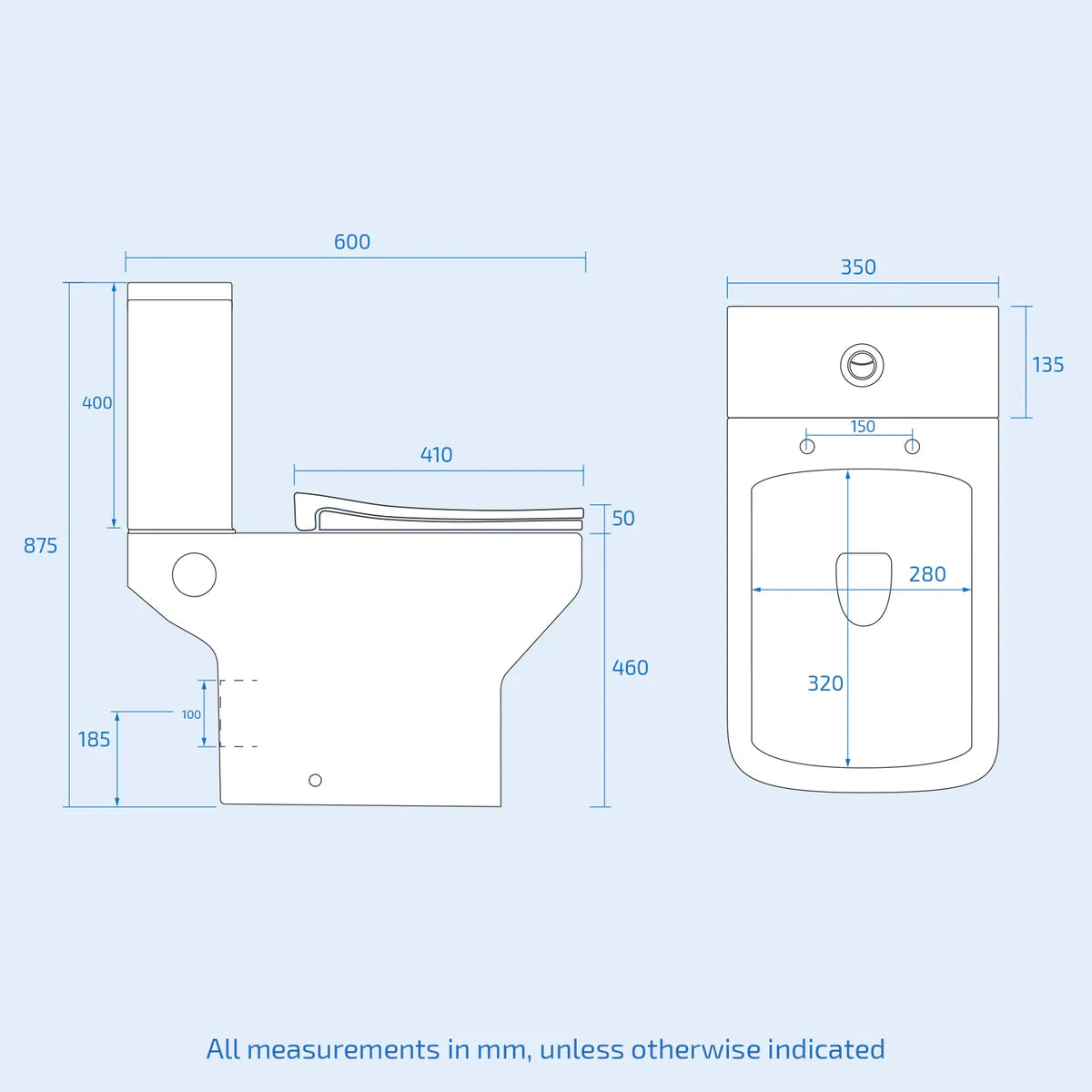 Square Rimless Close Coupled Toilet Pan without Bidet Nozzle and Valve