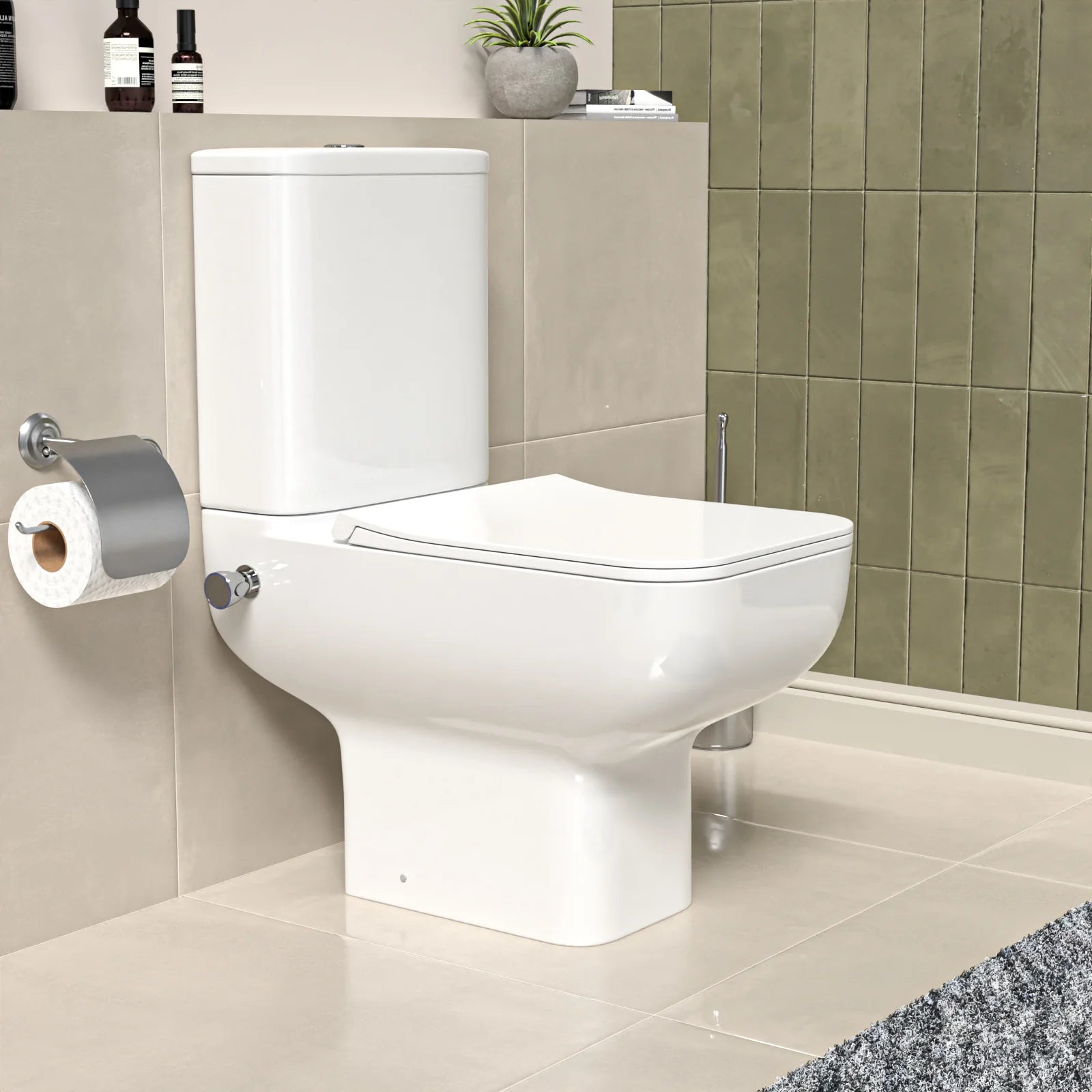 Square Rimless Close Coupled Toilet Pan with Integrated Bidet