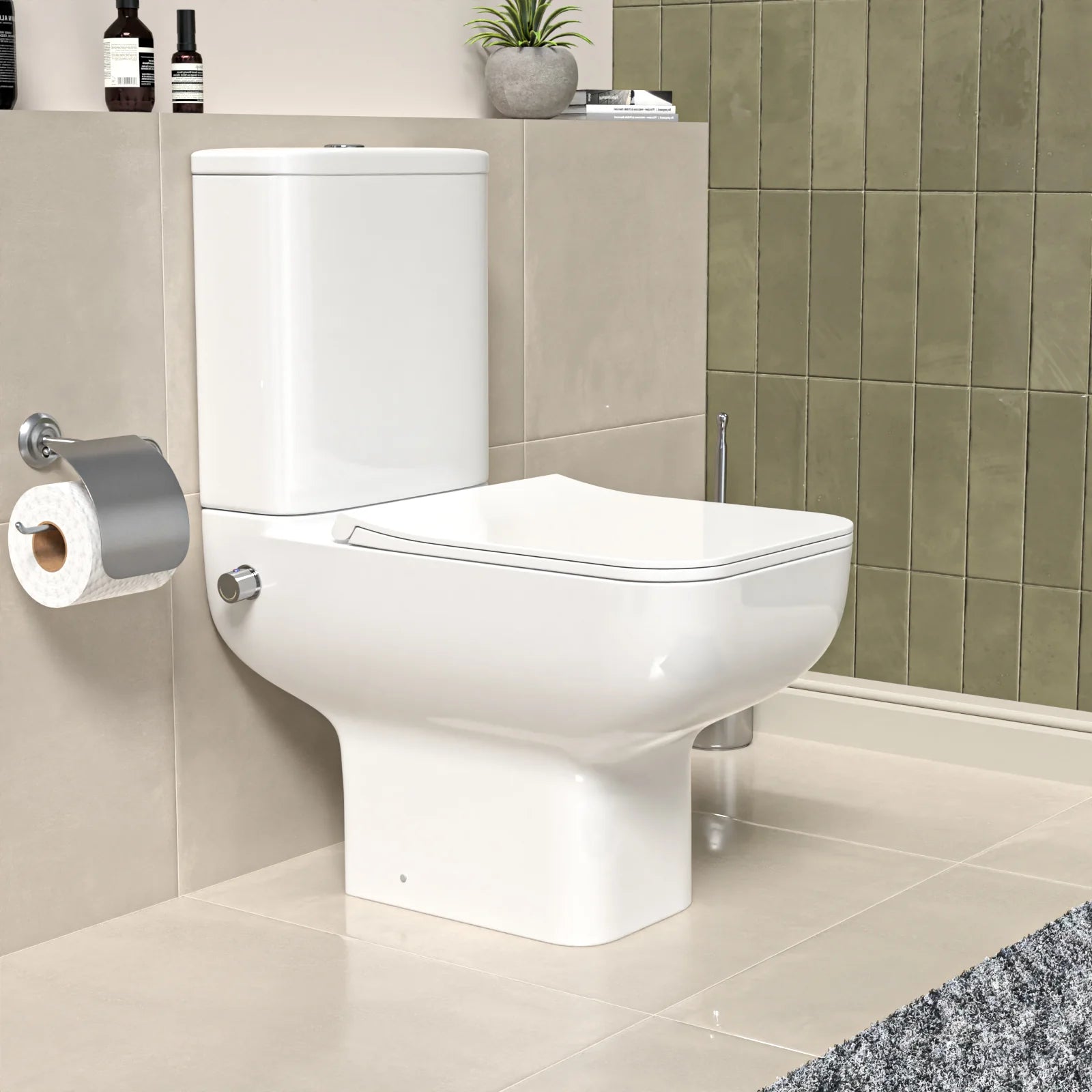 Square Rimless Close Coupled Toilet Pan with Integrated Hot Cold Bidet
