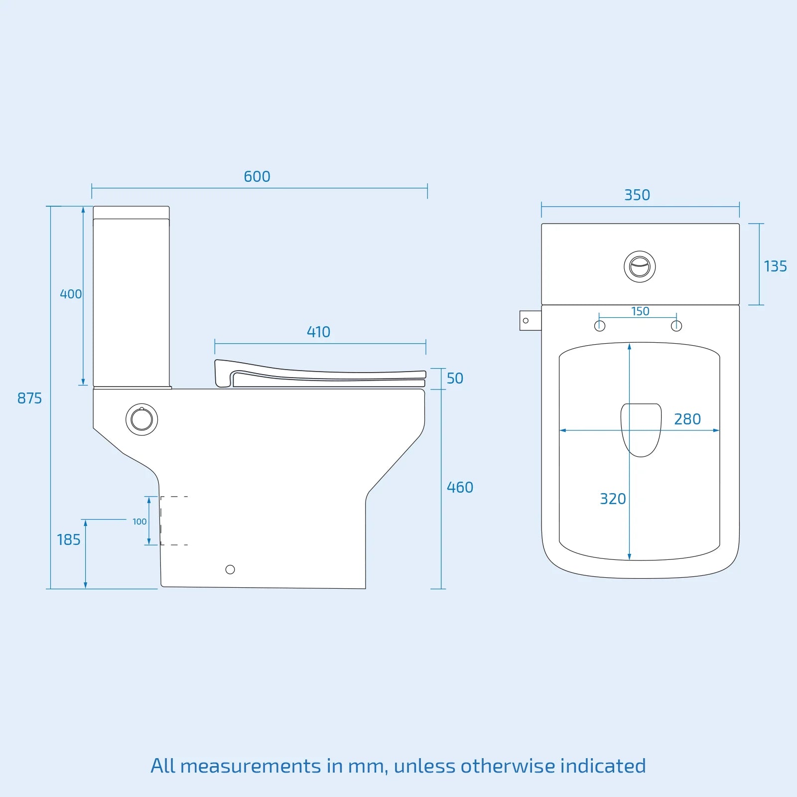Square Rimless Close Coupled Toilet Pan with Integrated Hot Cold Bidet
