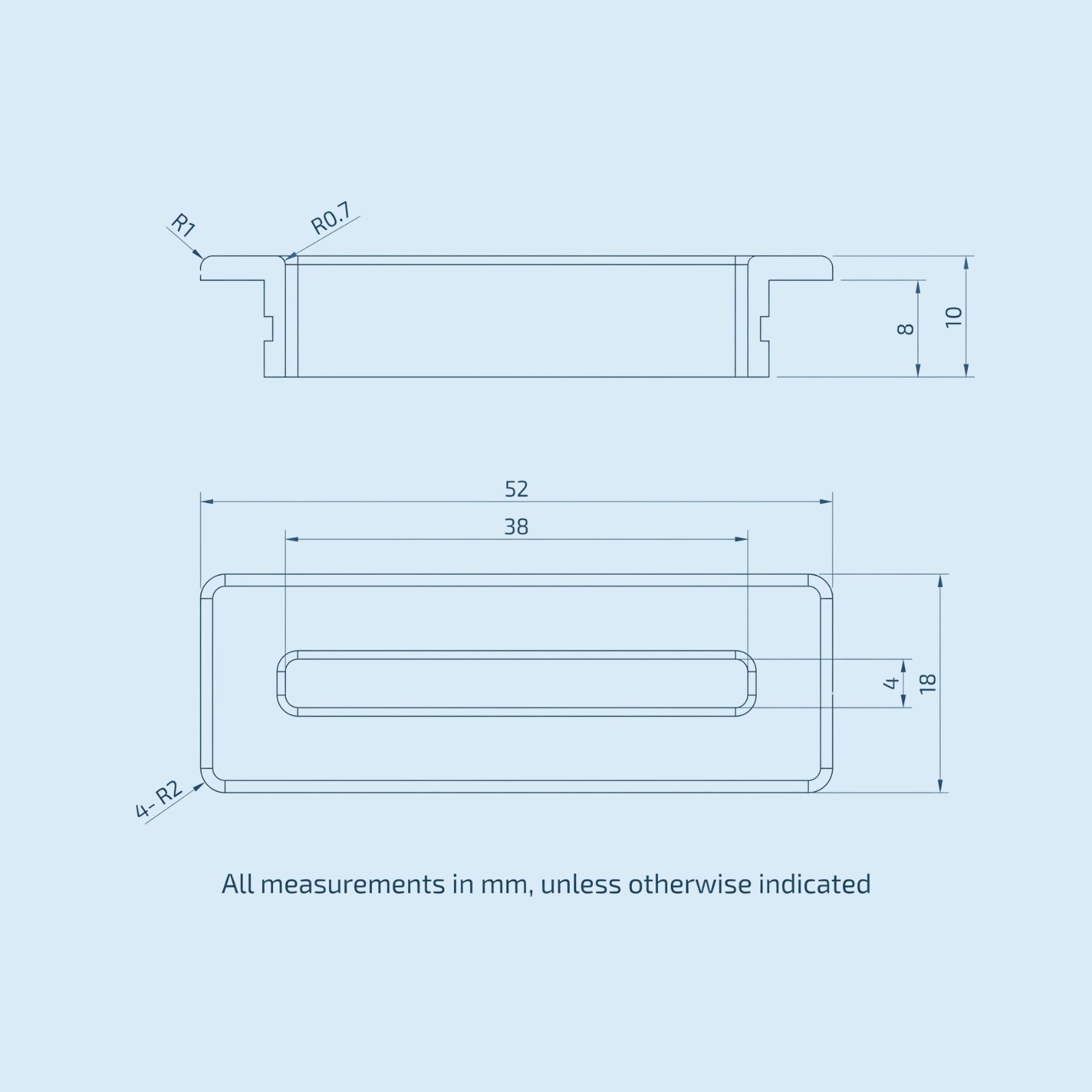 Rectangle Brass Basin Overflow Cover 52mm in Chrome, Black, Brushed Brass, Grey