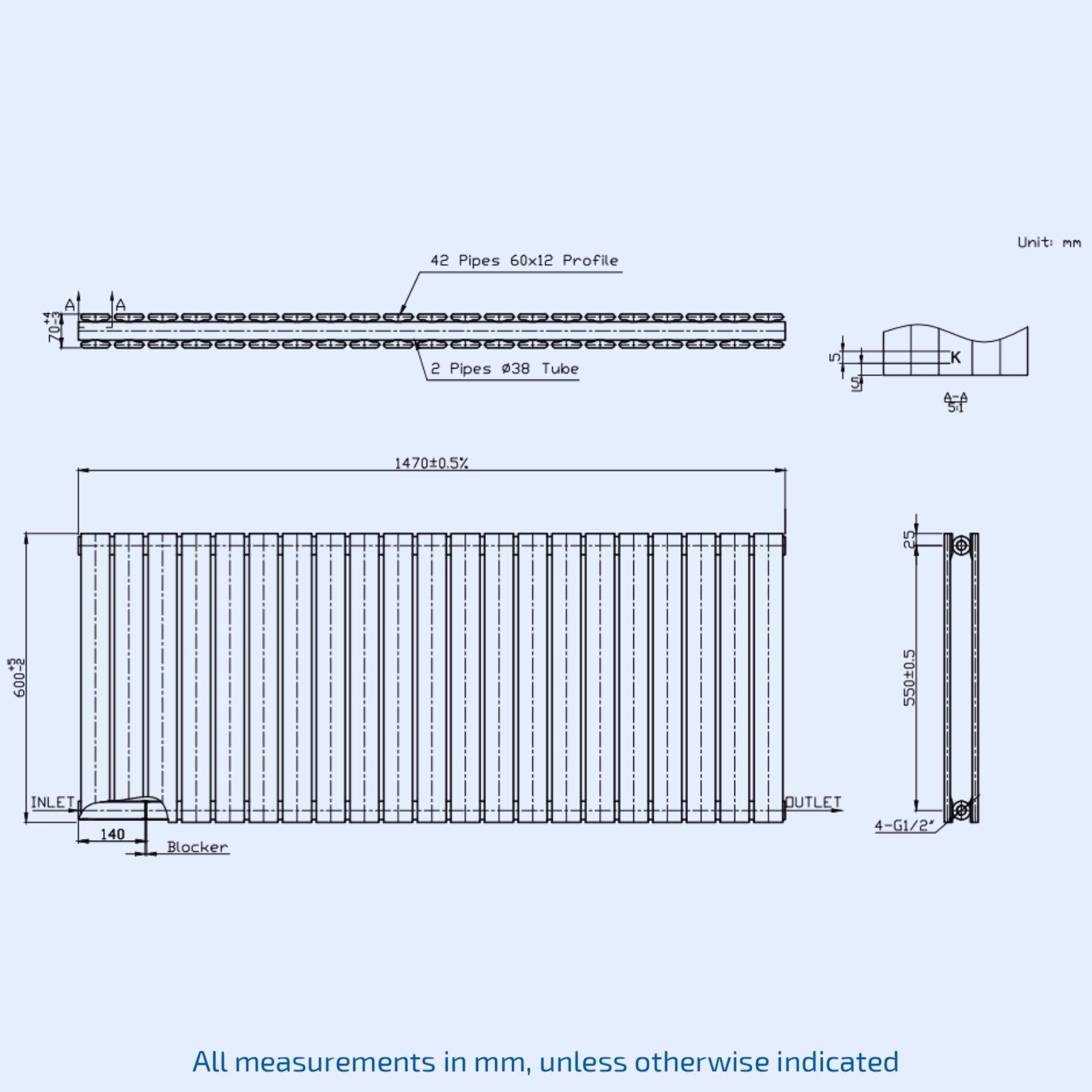 Kartell Boston Double 600mm H x 1470mm W Textured Grey Horizontal Designer Radiator - BOS60-147DA