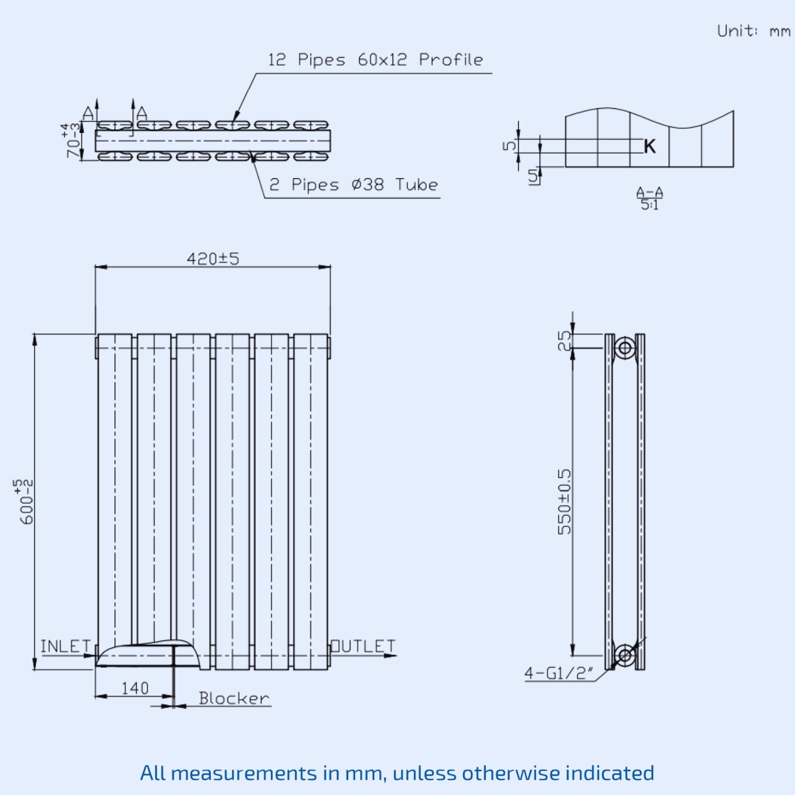 Kartell Boston Double 600mm H x 420mm W White Horizontal Designer Radiator - BOS60-42DW