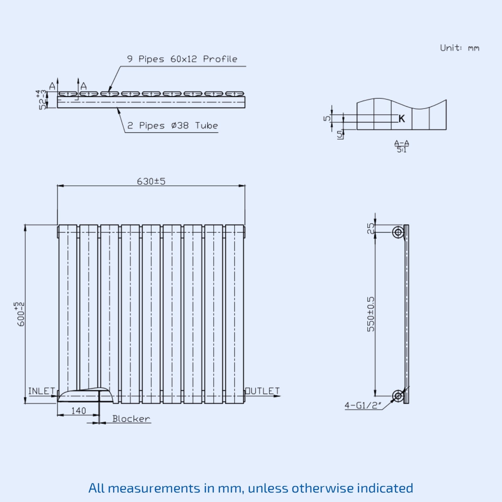 Kartell Boston Single 600mm H x 630mm W Textured Grey Horizontal Designer Radiator - BOS60-63SA