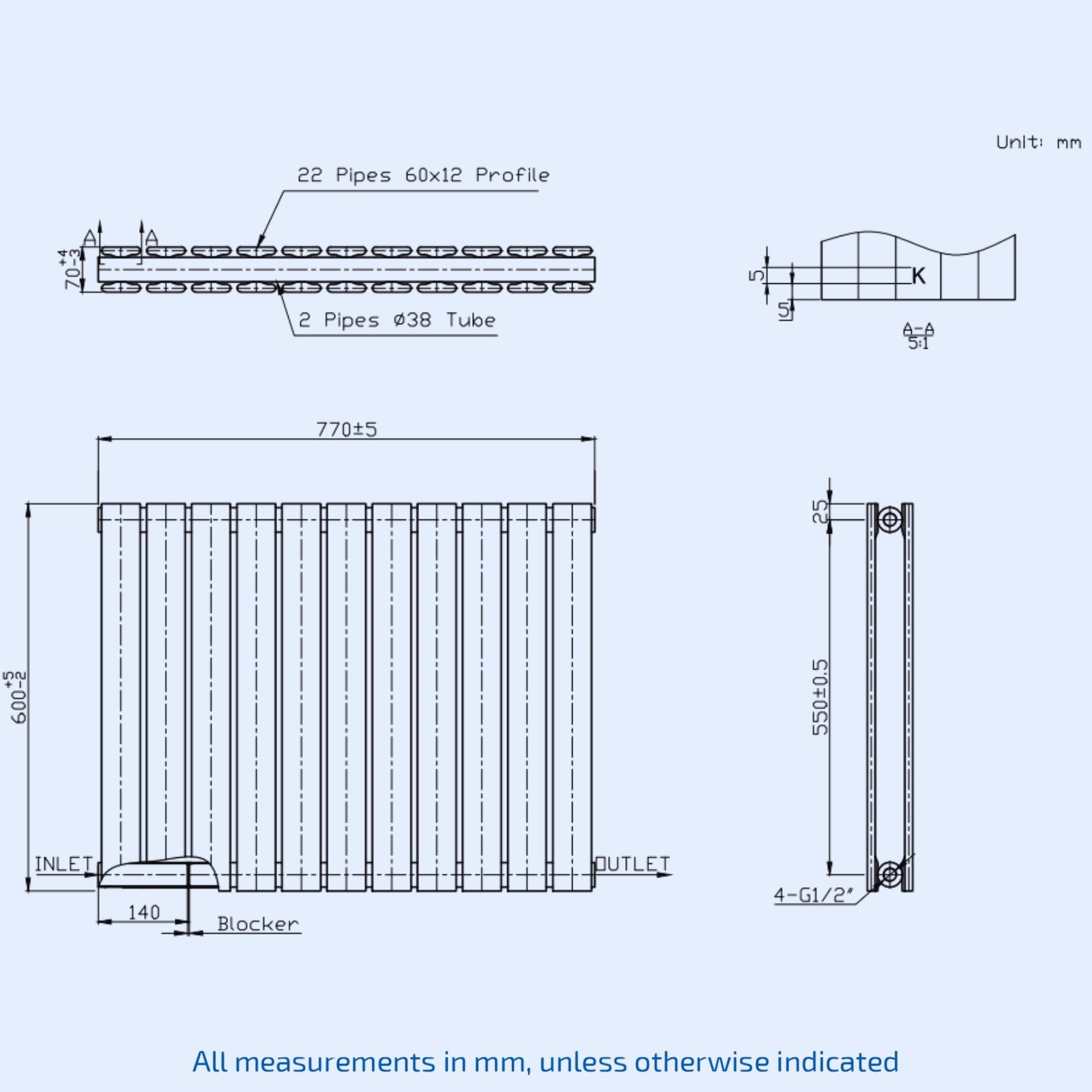 Kartell Boston Double 600mm H x 770mm W White Horizontal Designer Radiator - BOS60-77DW