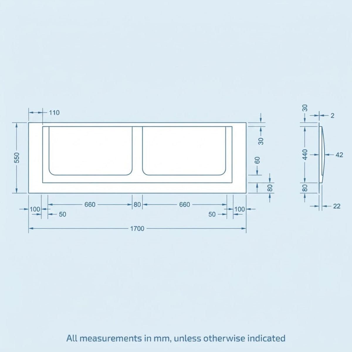 High Gloss White ABS 1700mm W x 550mm H Front Bath Panel