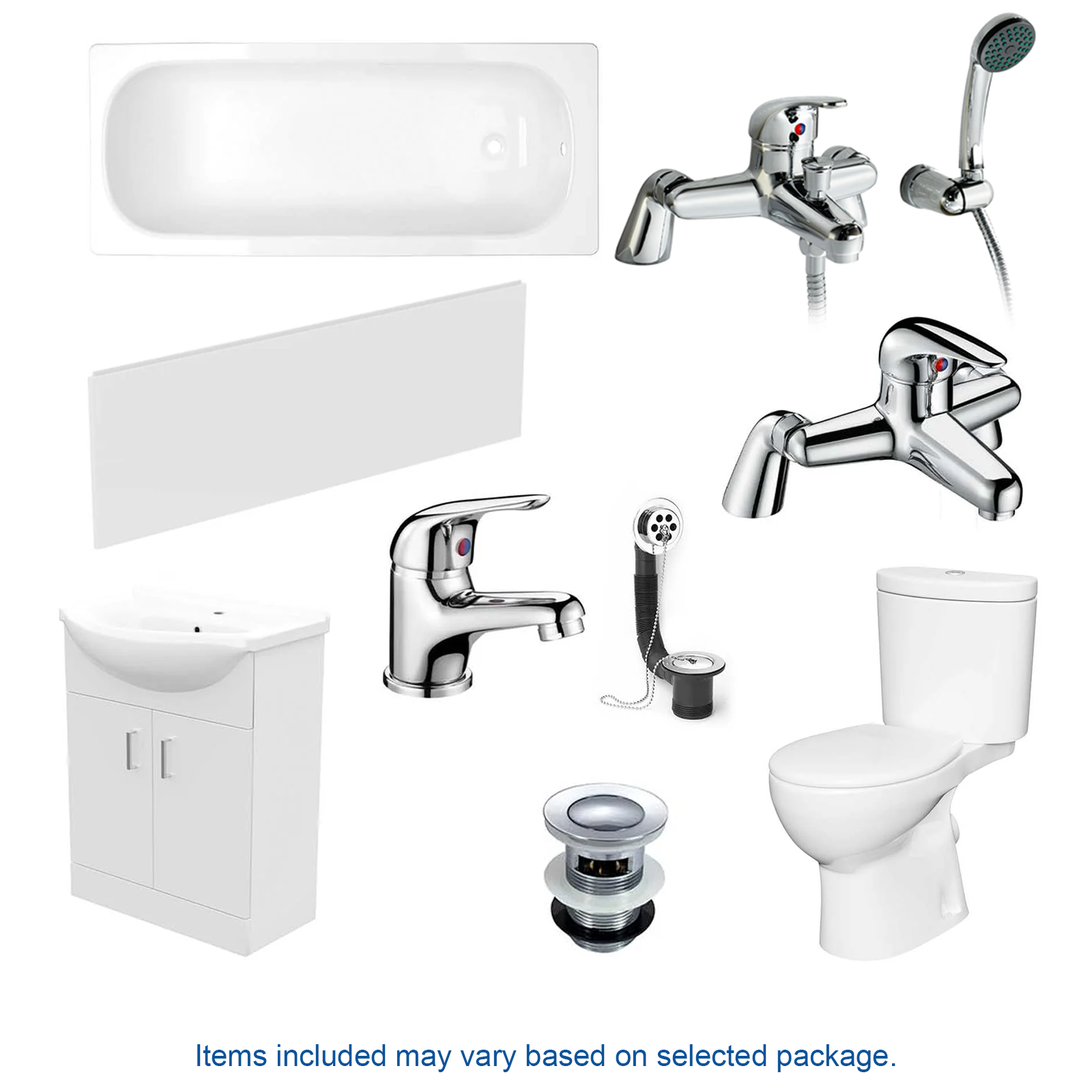 Ellen Bath Suite 1700mm Bathtub, 550mm White Basin Vanity & Close Coupled Toilet