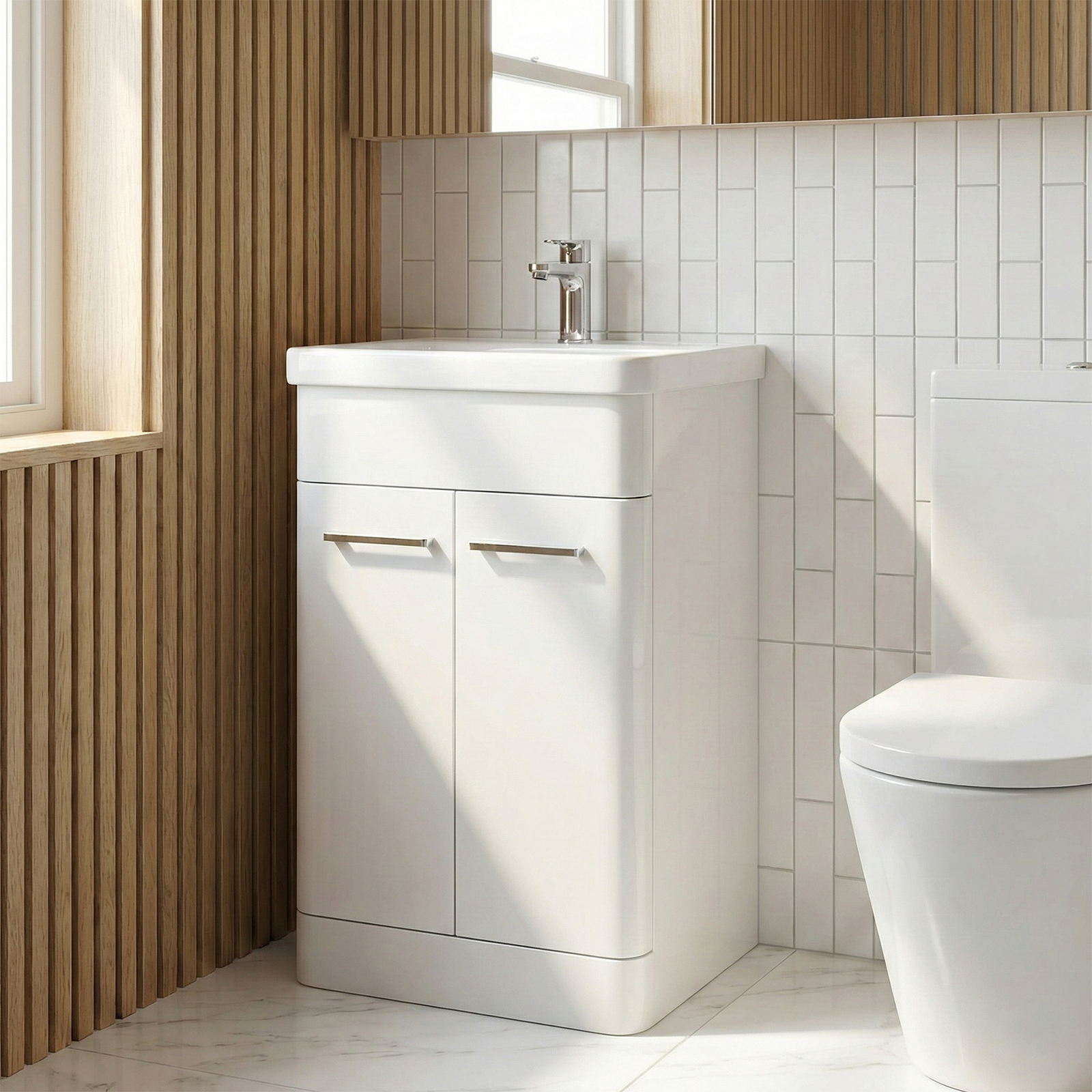 Afern Cloakroom 500mm White Freestanding Vanity Basin Unit & Close Coupled Toilet with Soft Close Seat