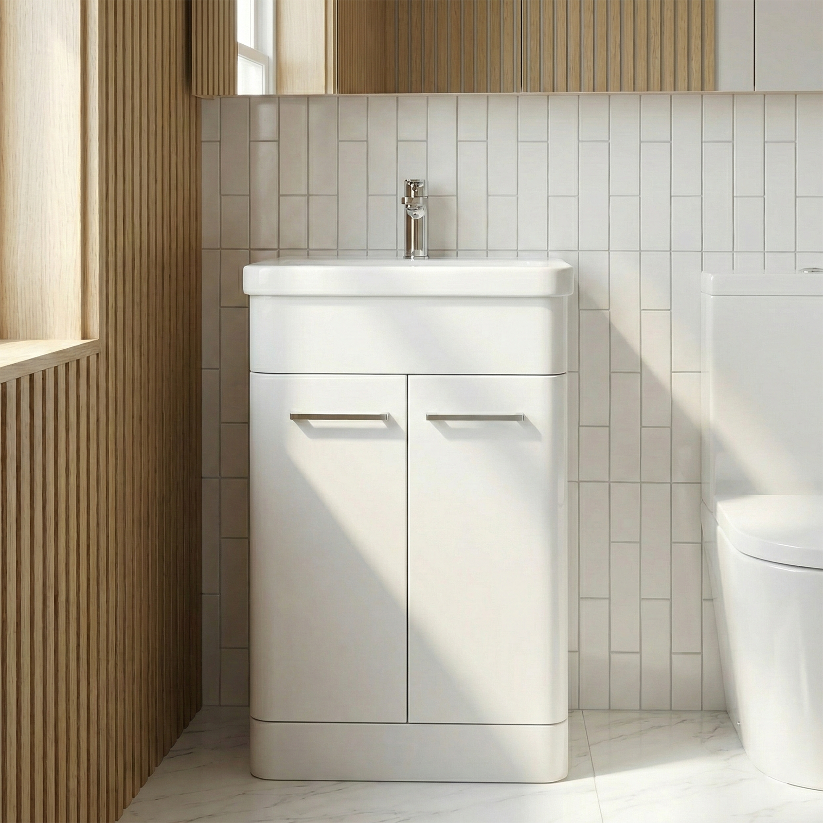 Afern Cloakroom 500mm White Freestanding Vanity Basin Unit & Close Coupled Toilet with Soft Close Seat