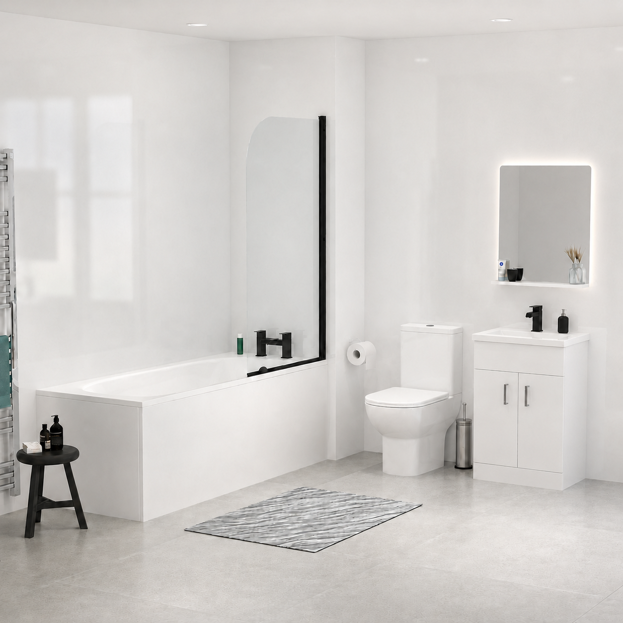 1500mm Bathtub with Bath Screen, 600mm Vanity & Close Coupled Toilet - Set with Matte Black Fittings
