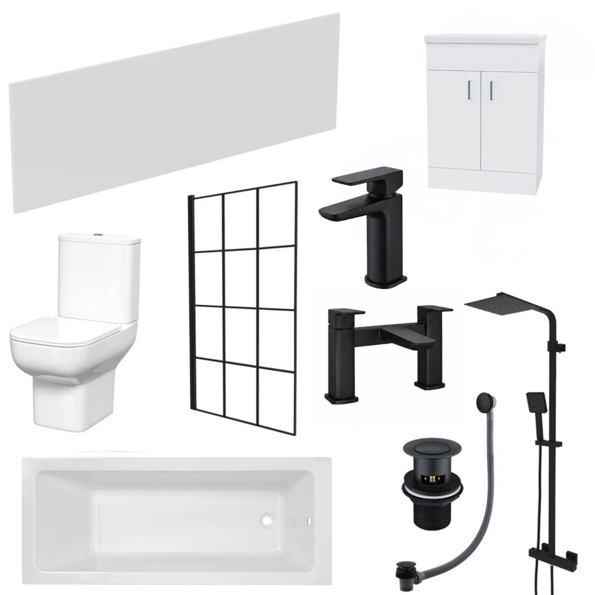 Louie 1700mm Bathtub with Bath Screen, 600mm Vanity & Close Coupled Toilet - Set with Matte Black Fittings