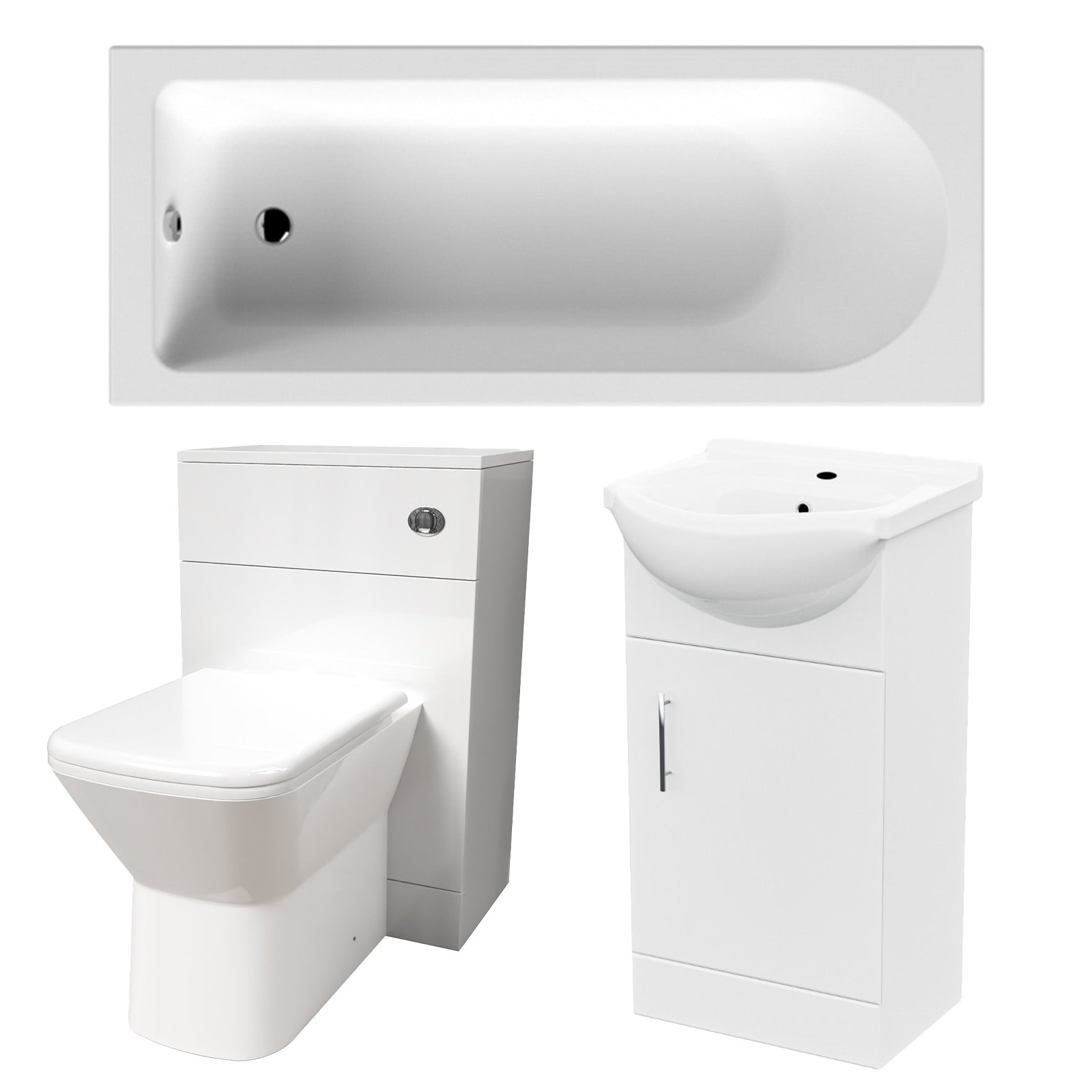 Small Bathroom Suite - Ellen 1500mm Round Bath, 450mm Basin Vanity, WC Unit & Rimless Square BTW Toilet