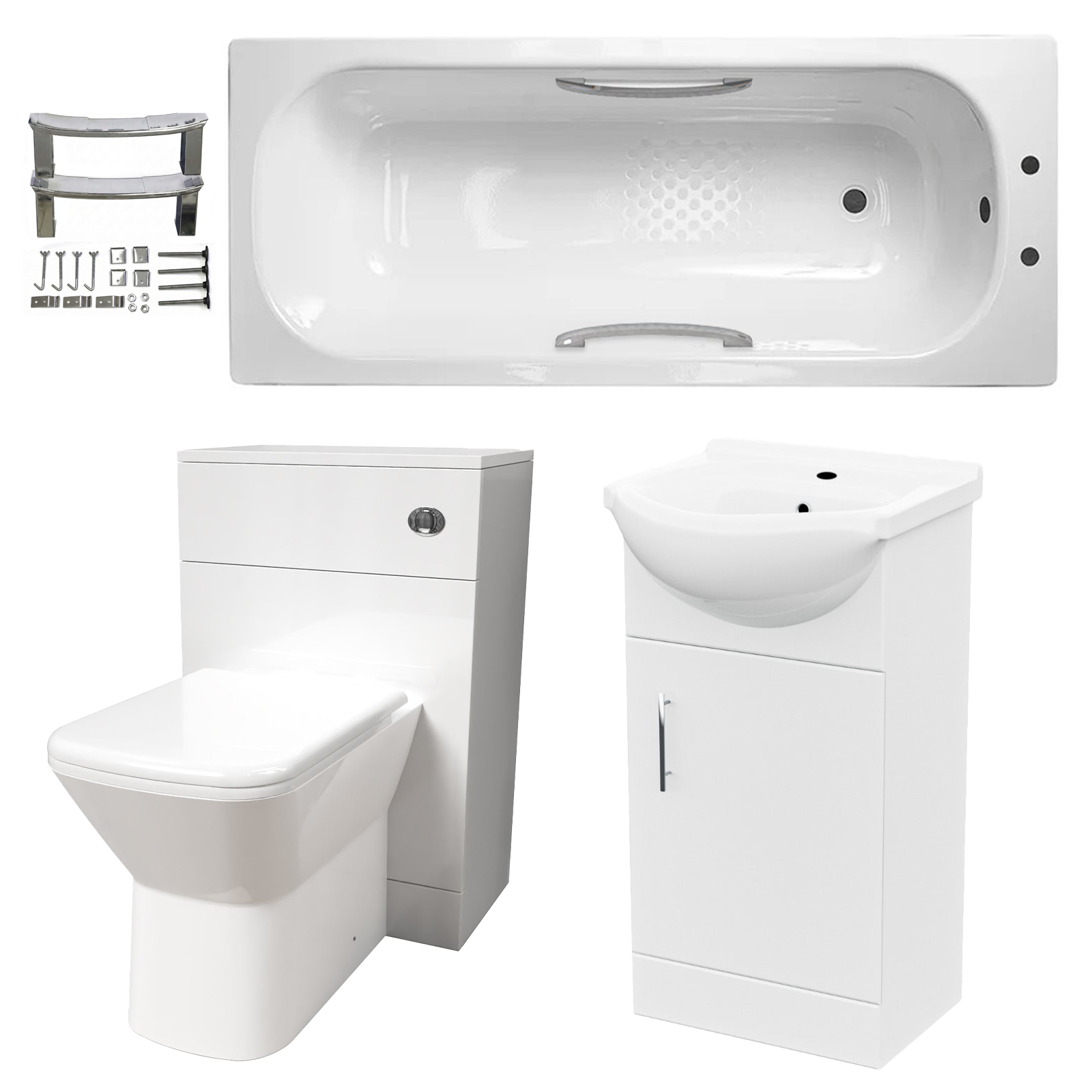 Small Bathroom Suite - Ellen 1500mm Steel Bath, 450mm Basin Vanity, WC Unit & Rimless Square BTW Toilet