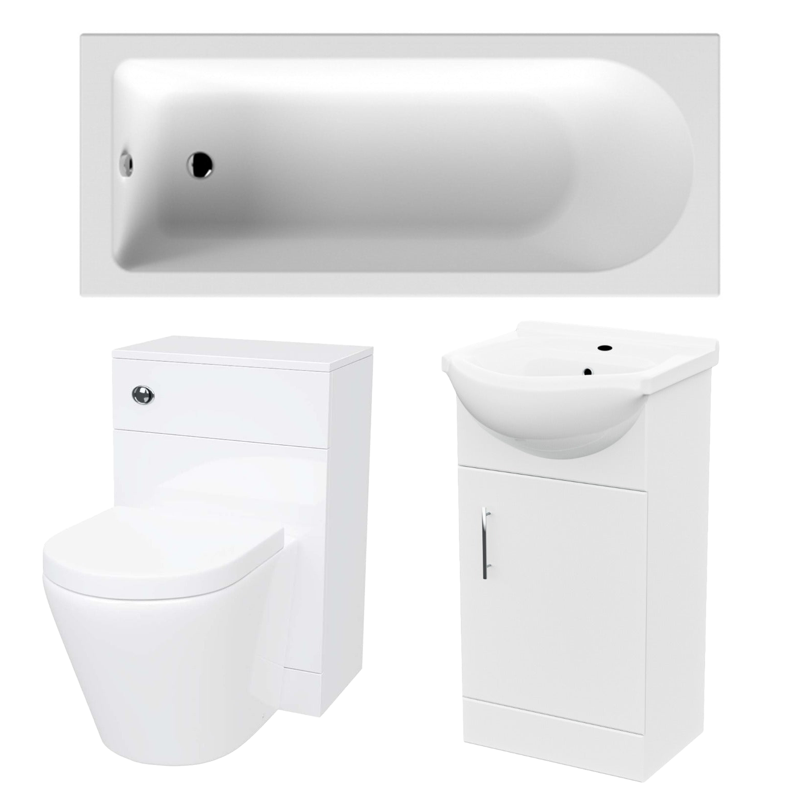 Small Bathroom Suite - Ellen 1500mm Round Bath, 450mm Basin Vanity, WC Unit & BTW Toilet
