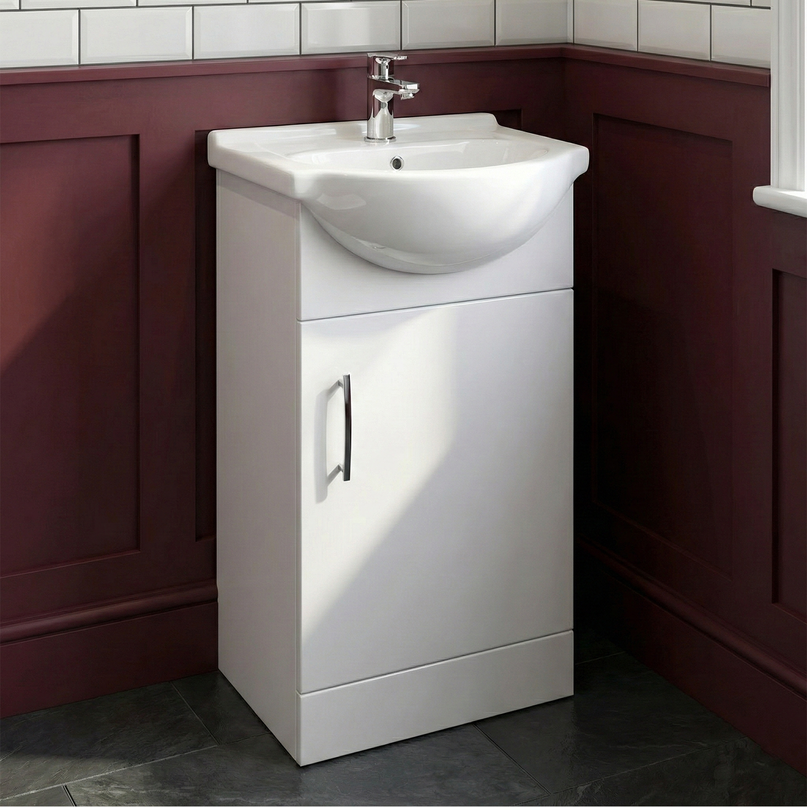 Ellen Cloakroom 450mm White Gloss Floorstanding Vanity Basin Unit & Close Coupled Toilet with Soft Close Seat