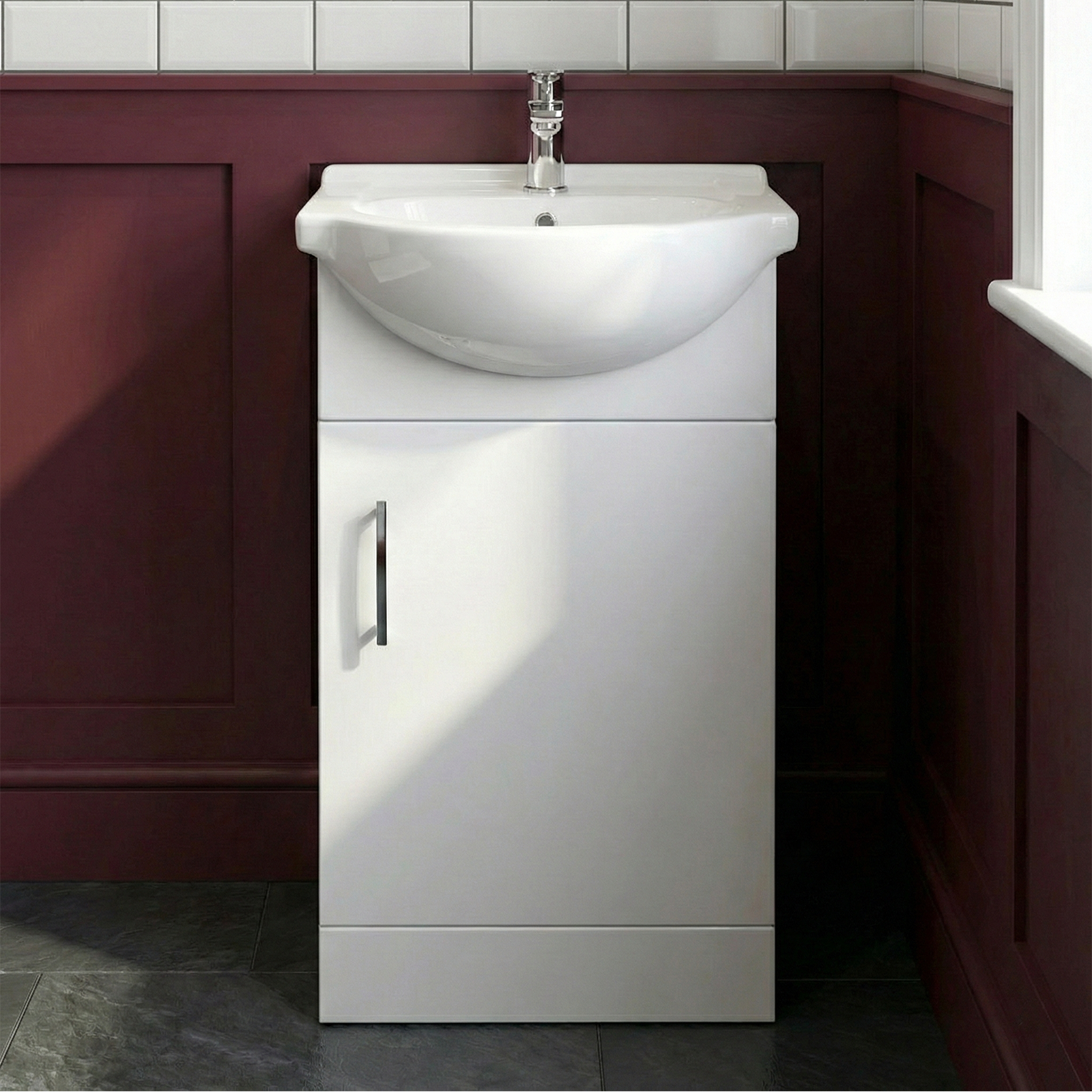 Ellen Cloakroom 450mm White Gloss Floorstanding Vanity Basin Unit & Close Coupled Toilet with Soft Close Seat