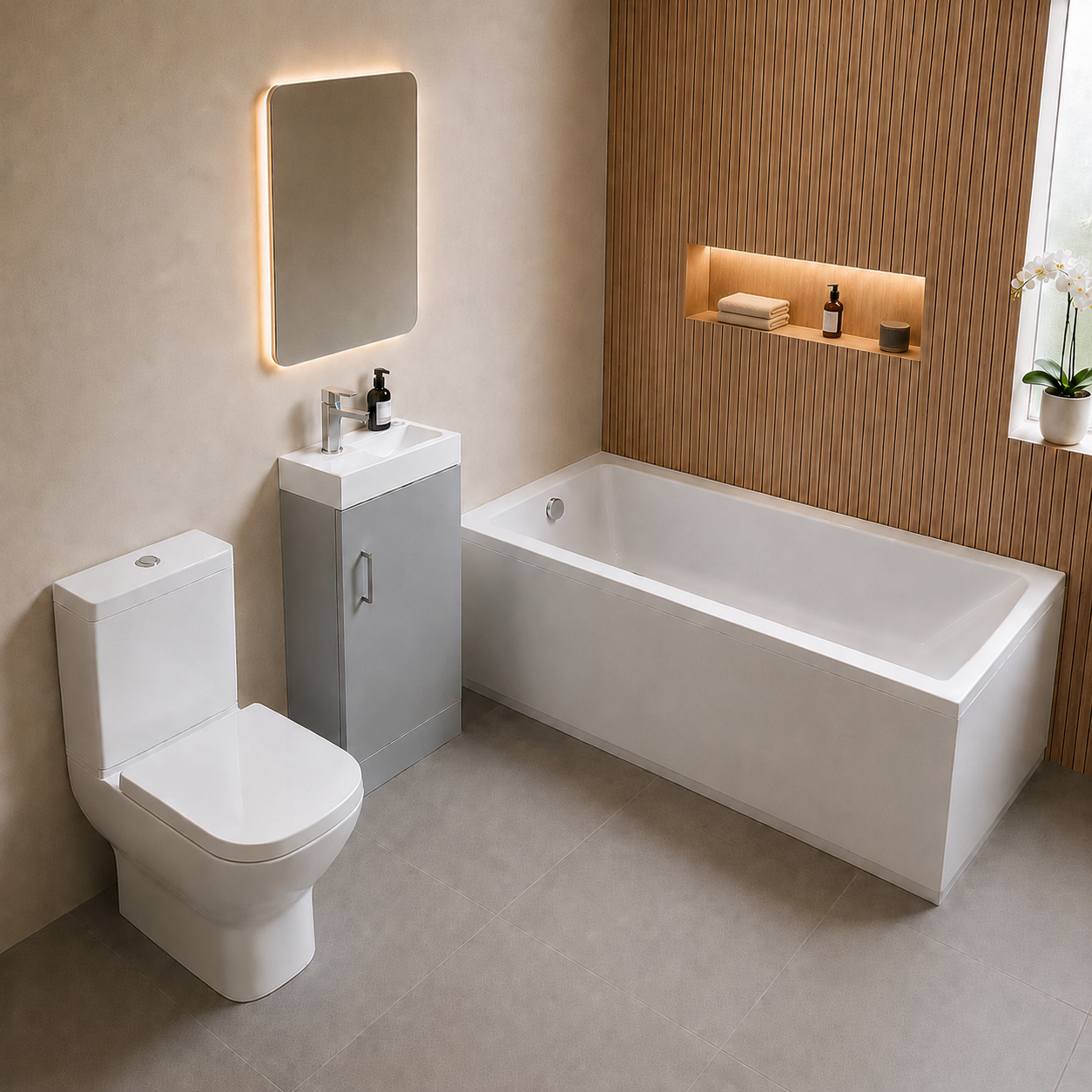 Small Bathroom Suite - Nanuya 400mm Matt Grey Cloakroom Basin Vanity Unit with Close Coupled Toilet & 1400mm Square Single Ended Bath