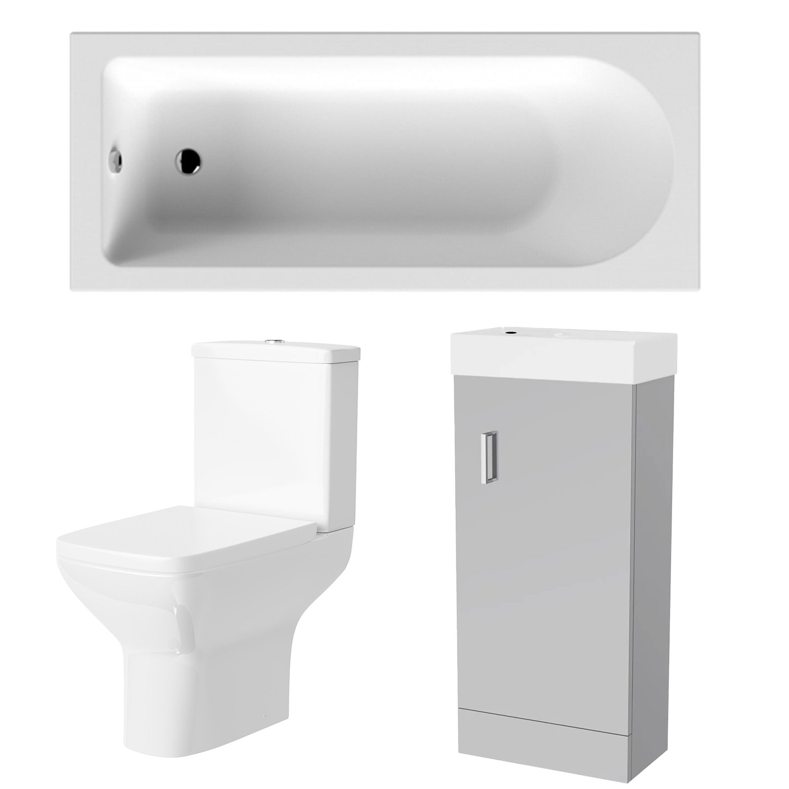 Small Bathroom Suite - Nanuya 400mm Matt Grey Cloakroom Basin Vanity Unit with Close Coupled Toilet & 1500mm Standard Round Single Ended Bath