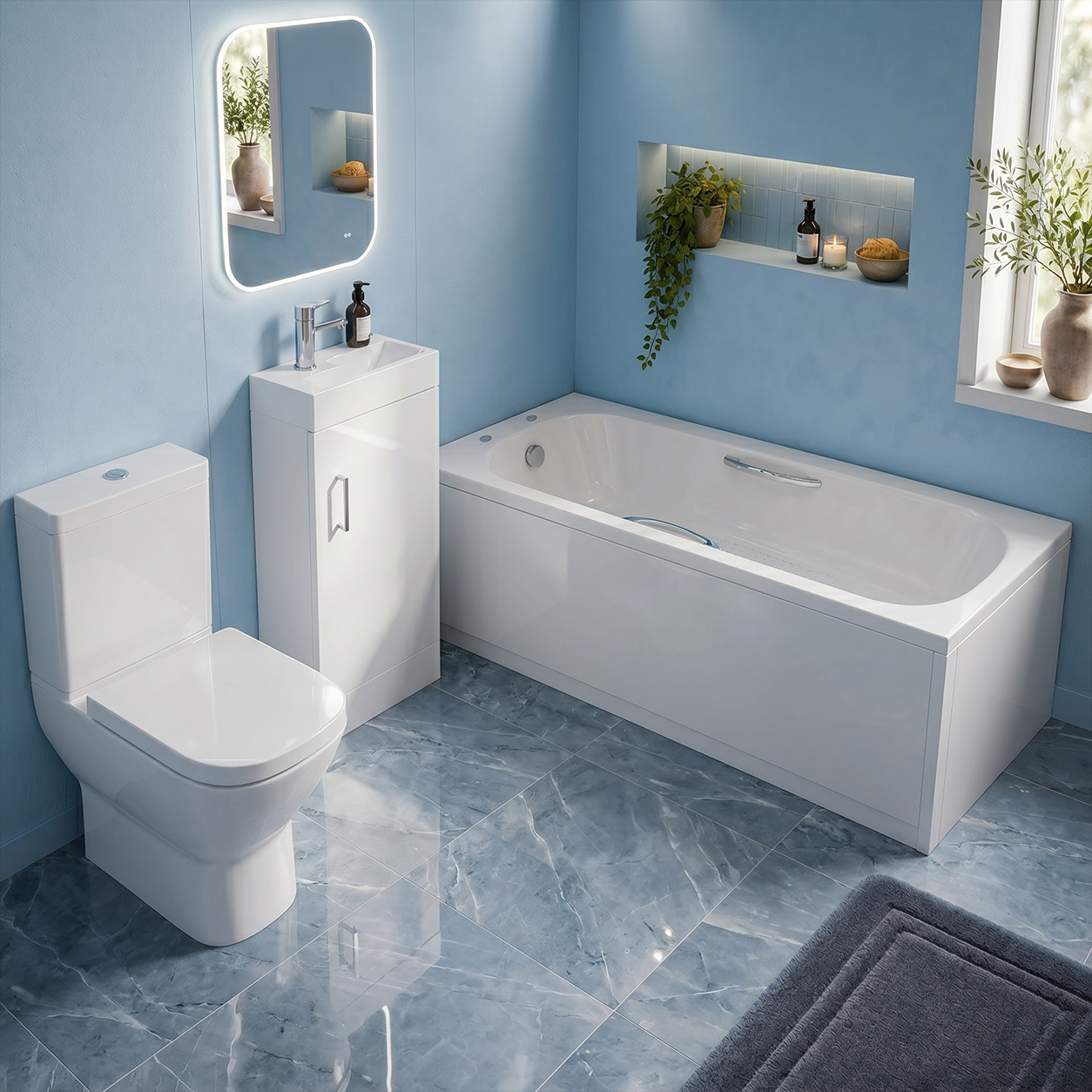 Small Bathroom Suite - Nanuya 400mm White Cloakroom Basin Vanity Unit with Close Coupled Toilet & 1500mm Steel Enamel Bath with Handles