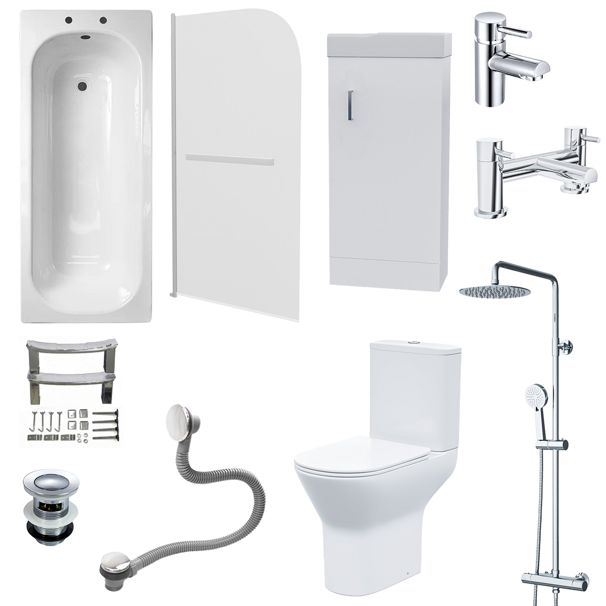 Small Bathroom Suite - Nanuya 1500mm Steel Enamel Bath with Screen, 400mm Basin Vanity & Close Coupled Toilet with Chrome Fittings Set