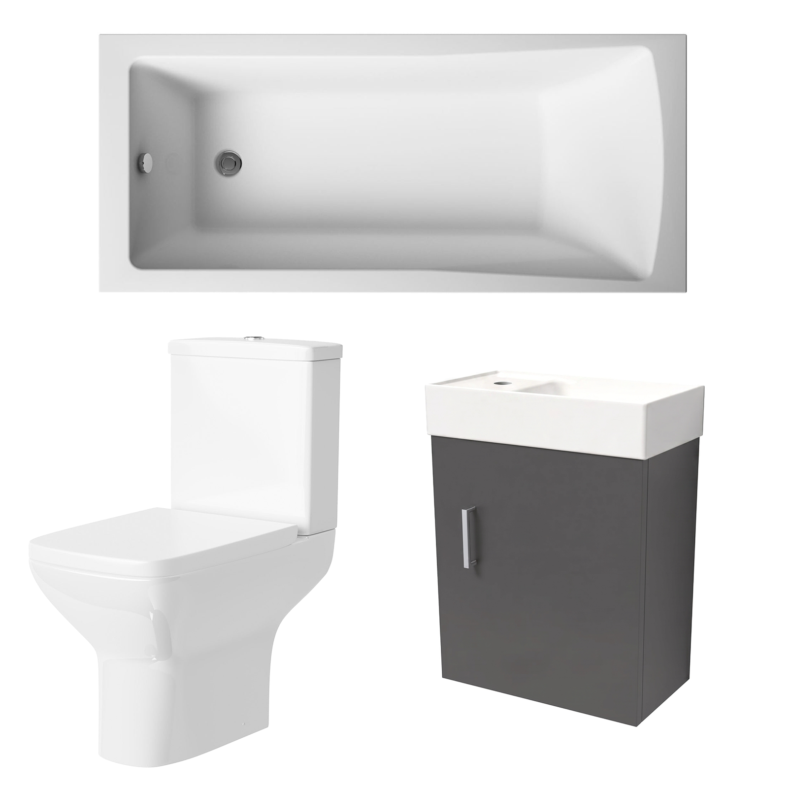 Small Bathroom Suite - Nanuya 1400mm Square Bath, 400mm Anthracite Cloakroom Wall Hung Basin Vanity & Close Coupled Toilet