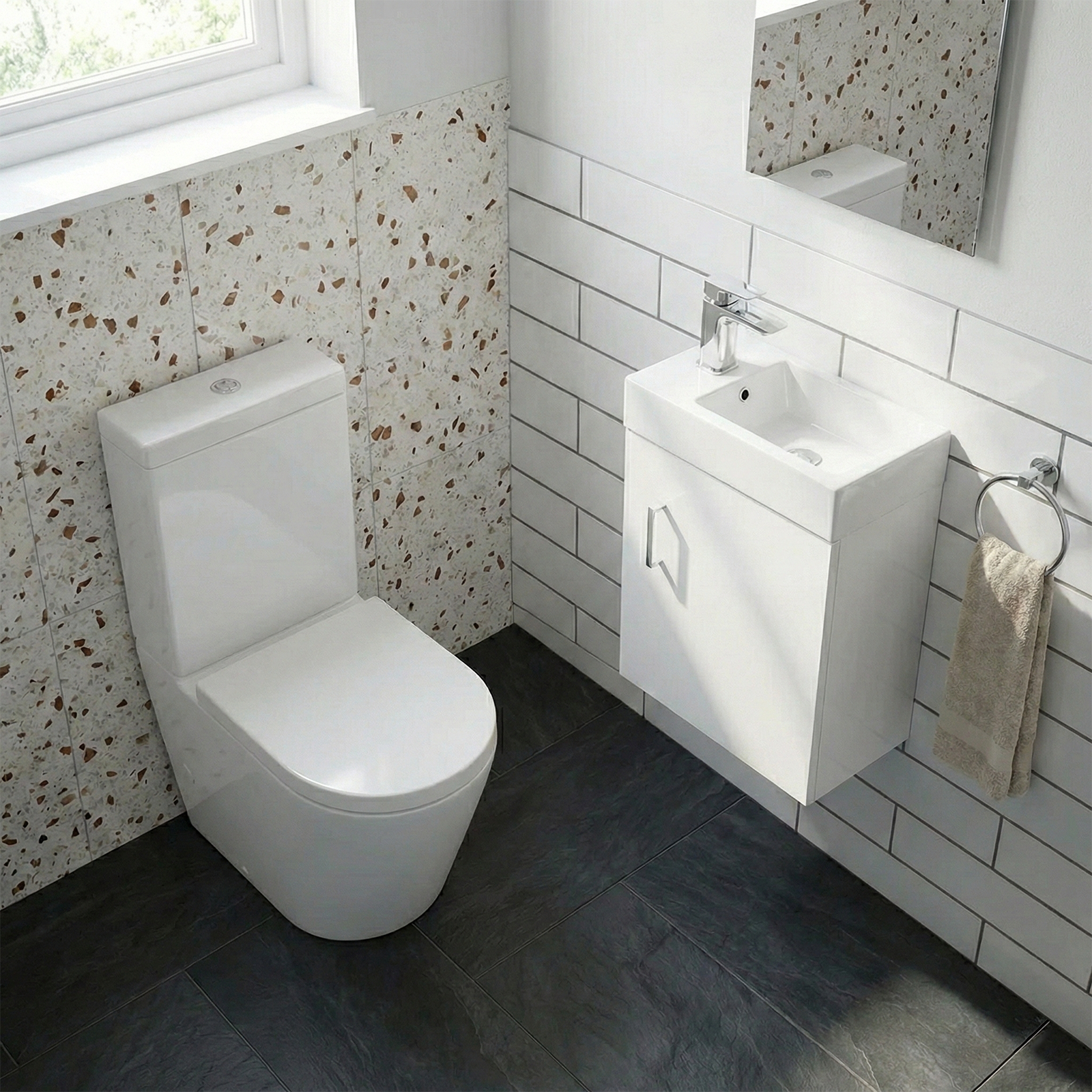 Nanuya Cloakroom 400mm White Wall Hung Vanity Basin Unit & Close Coupled Toilet with Soft Close Seat