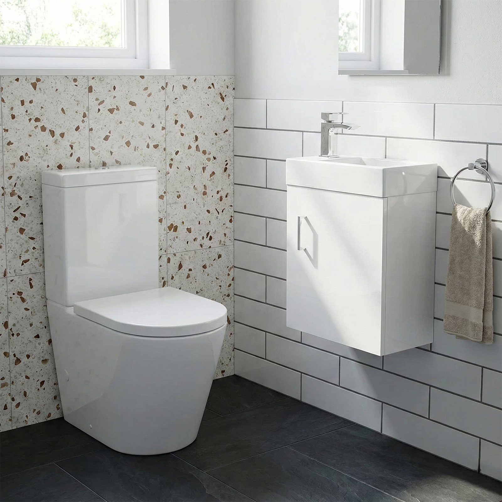 Nanuya Cloakroom 400mm White Wall Hung Vanity Basin Unit & Close Coupled Toilet with Soft Close Seat