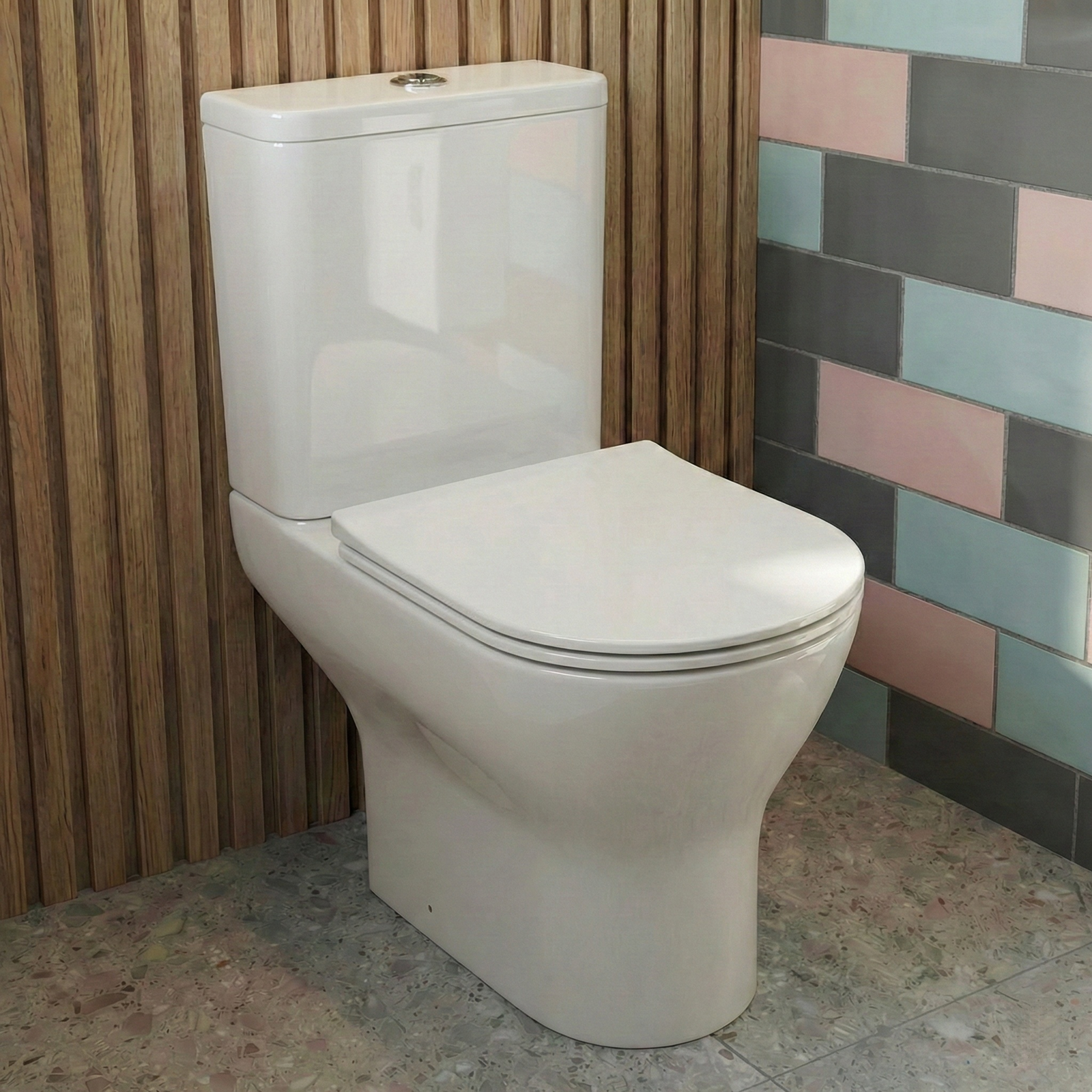 White toilet in a bathroom with wooden and tiled walls.