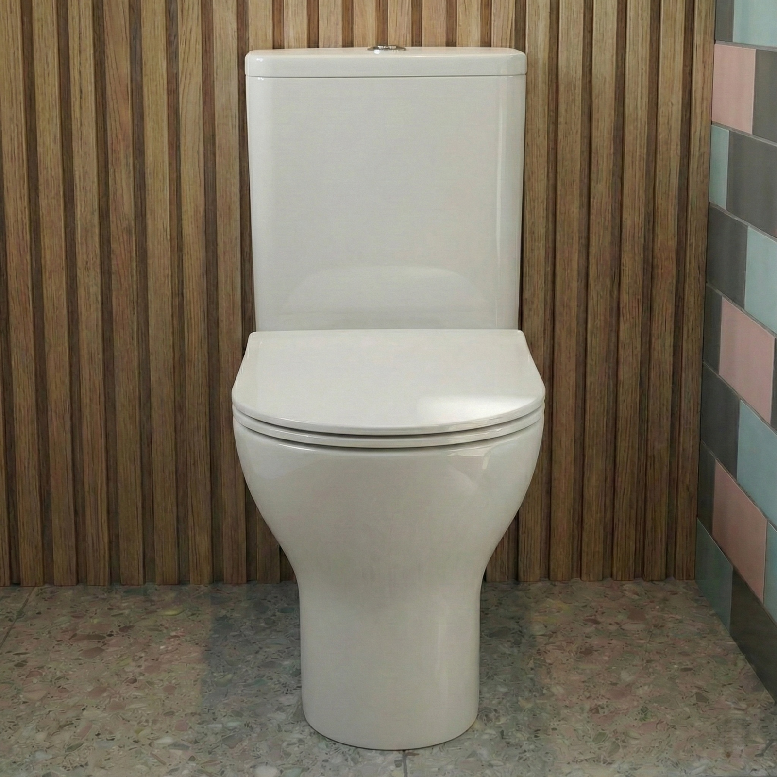 White toilet against a wooden panel and tiled wall background