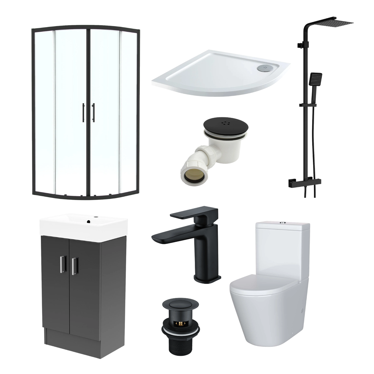 Enclosure Suite - 800mm Quadrant Screen with 450mm Anthracite Vanity Unit & Close Coupled Toilet - Set with Matte Black Fittings