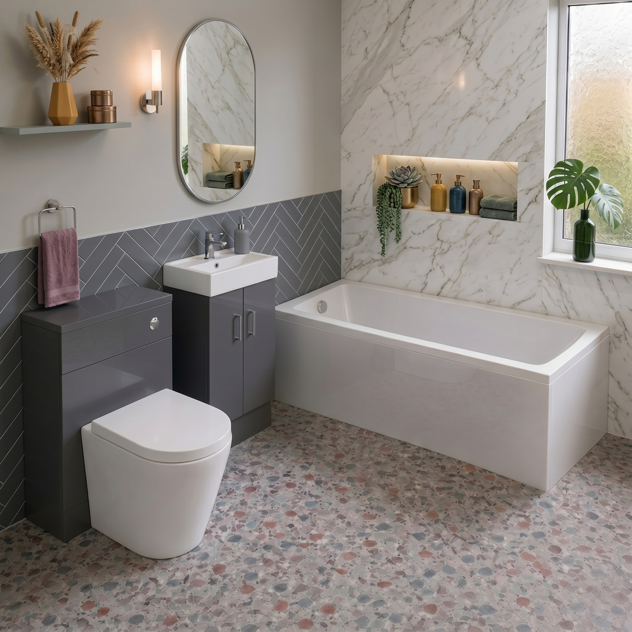 Small Bathroom Suite - Nanuya 1400mm Square Bath, 450mm Anthracite Cloakroom Basin Vanity, WC Unit & BTW Toilet