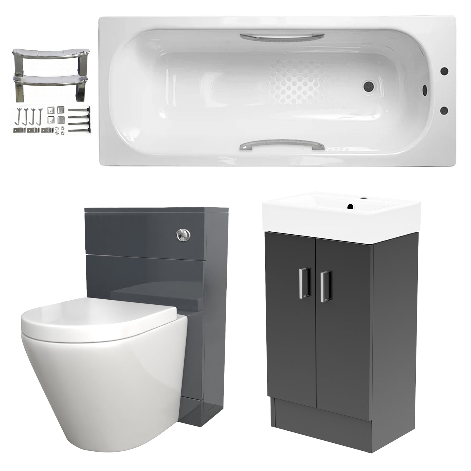 Small Bathroom Suite - Nanuya 1500mm Steel Bath, 450mm Anthracite Cloakroom Basin Vanity, WC Unit & BTW Toilet