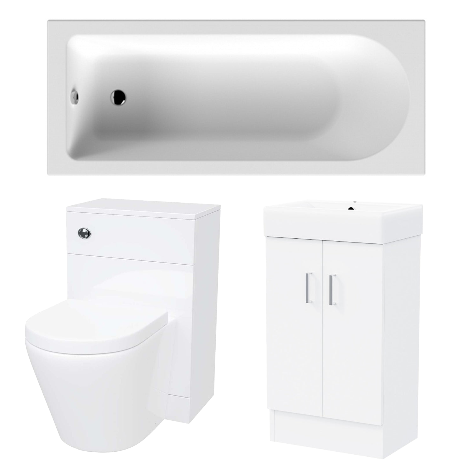 Small Bathroom Suite - Nanuya 1500mm Round Bath, 450mm Cloakroom Basin Vanity Unit, WC Unit & BTW Toilet