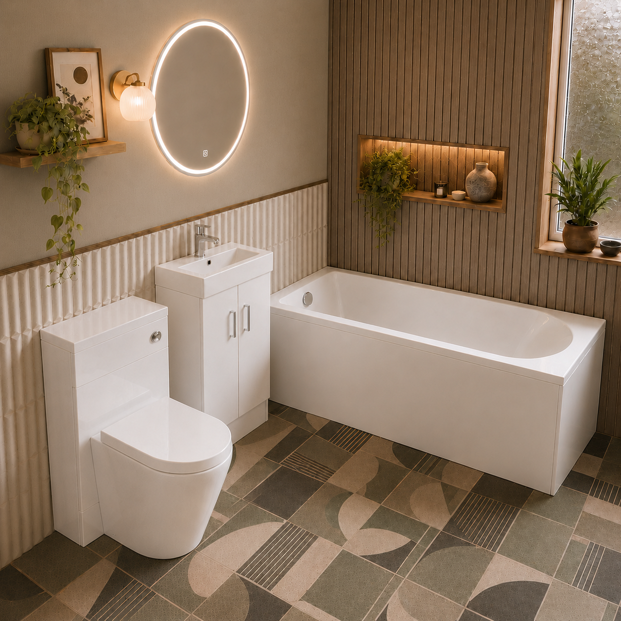 Small Bathroom Suite - Nanuya 1500mm Round Bath, 450mm Cloakroom Basin Vanity Unit, WC Unit & BTW Toilet