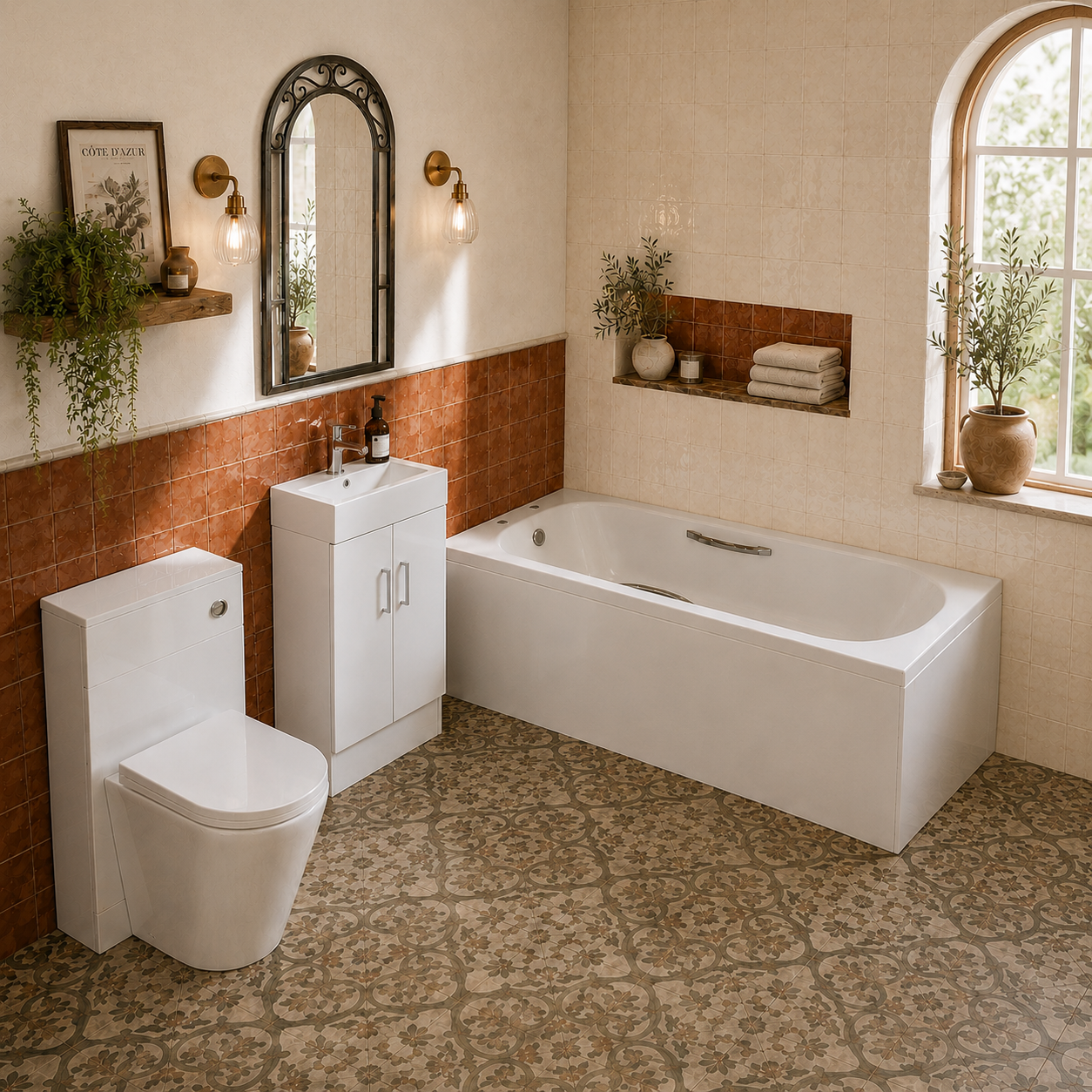 Small Bathroom Suite - Nanuya 1500mm Steel Bath, 450mm Cloakroom Basin Vanity Unit, WC Unit & BTW Toilet