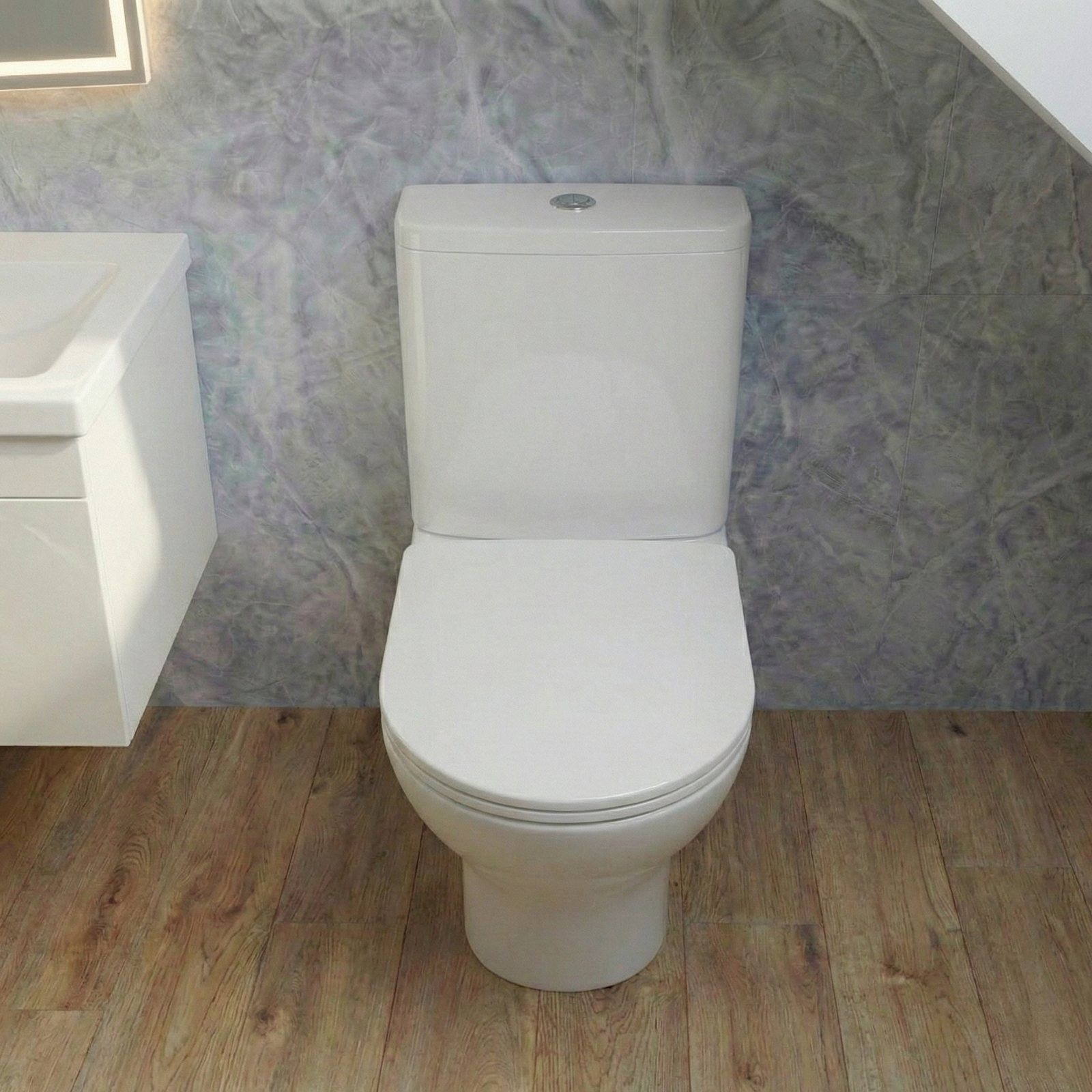 Nanuya 500mm White Cloakroom Wall Hung 1 Drawer Vanity with Basin + Oakham Rimless Close Coupled Toilet Set