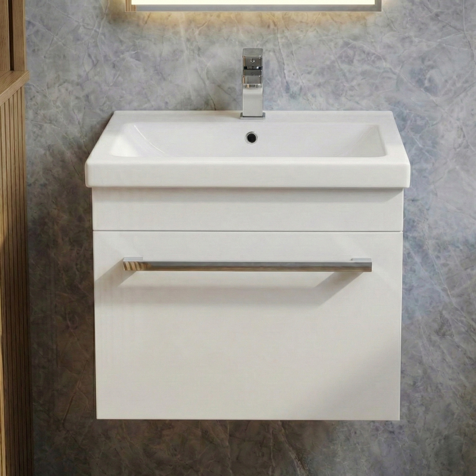 Nanuya 500mm White Cloakroom Wall Hung 1 Drawer Vanity with Basin + Oakham Rimless Close Coupled Toilet Set