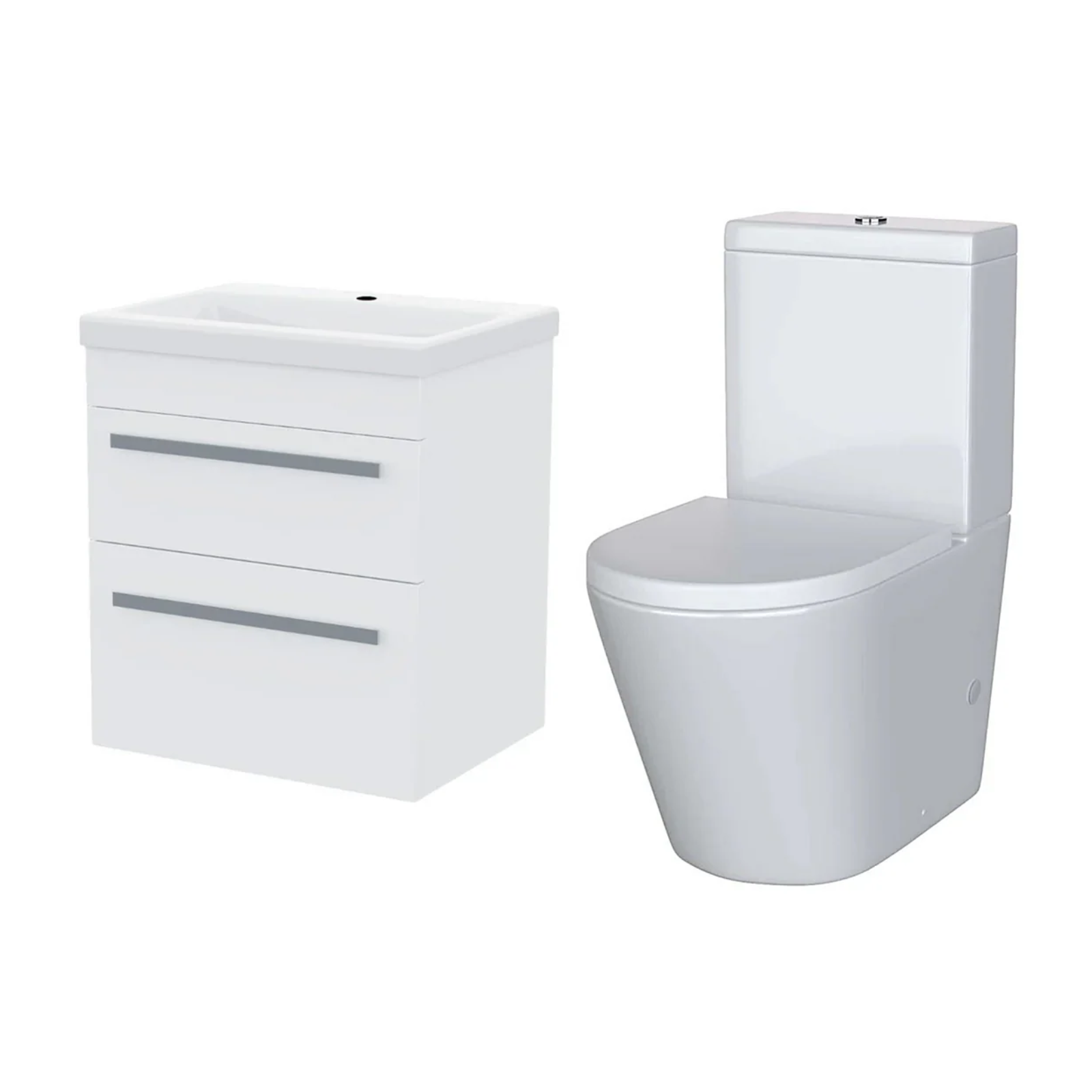 Nanuya Cloakroom 500mm White Wall Hung 2 Drawer Vanity Basin Unit & Close Coupled Toilet with Soft Close Seat