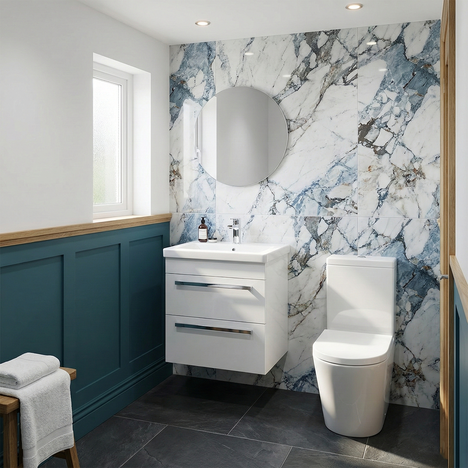 Nanuya Cloakroom 500mm White Wall Hung 2 Drawer Vanity Basin Unit & Close Coupled Toilet with Soft Close Seat